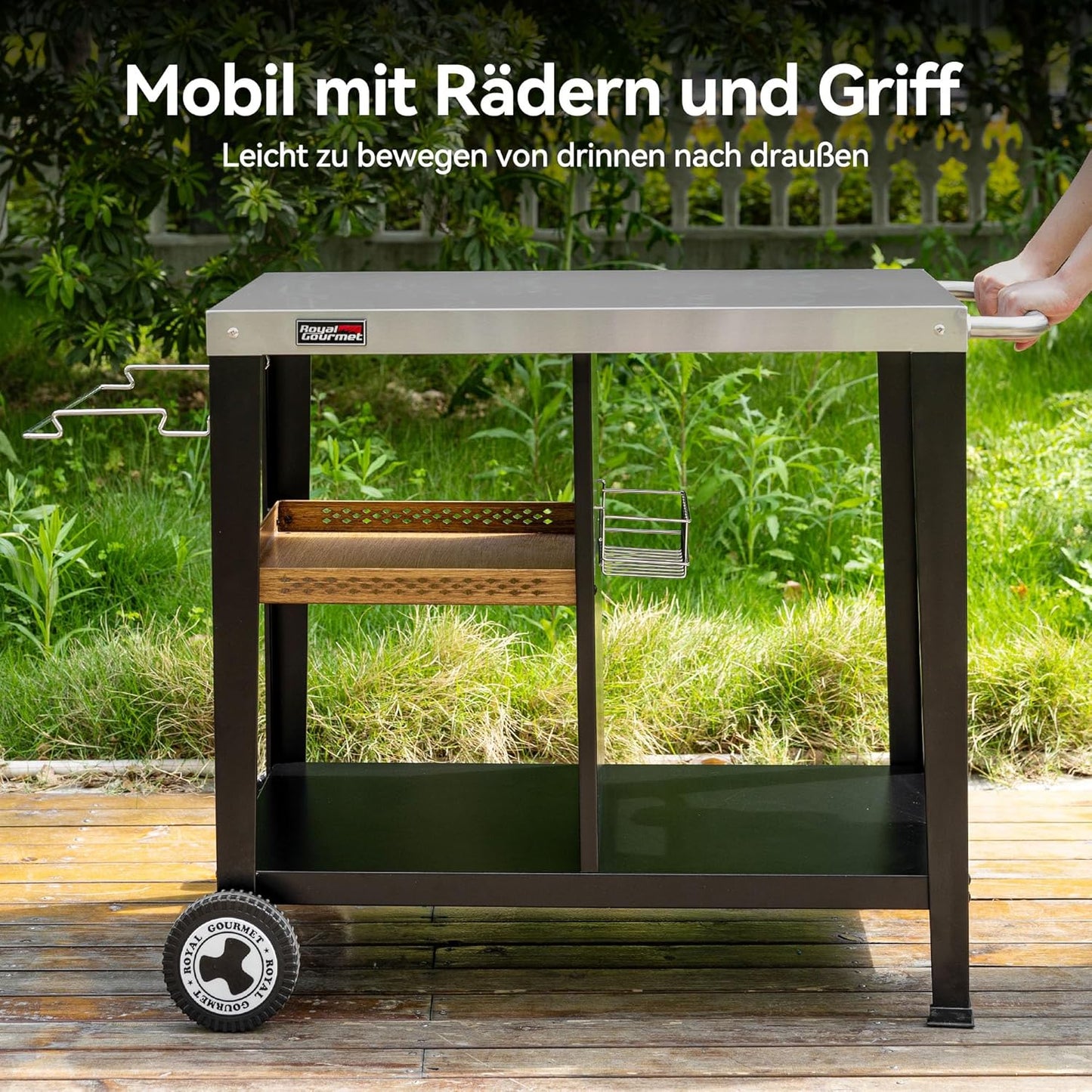 3-Etagen Grilltisch mit Griffen, Müllbeutelhalter & Aufbewahrungsregalen