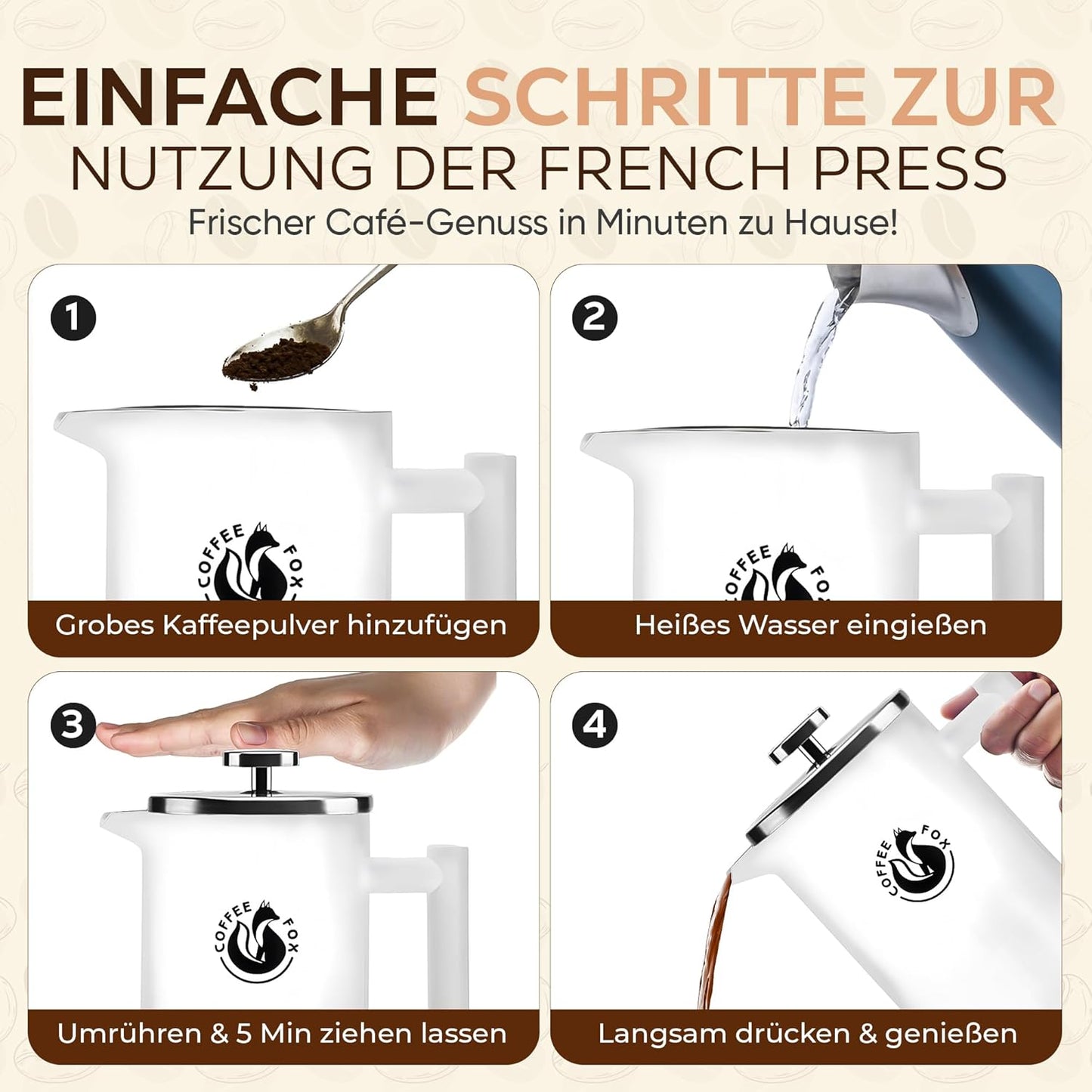 Französische Kaffeepresse, 1000 ml Weiss