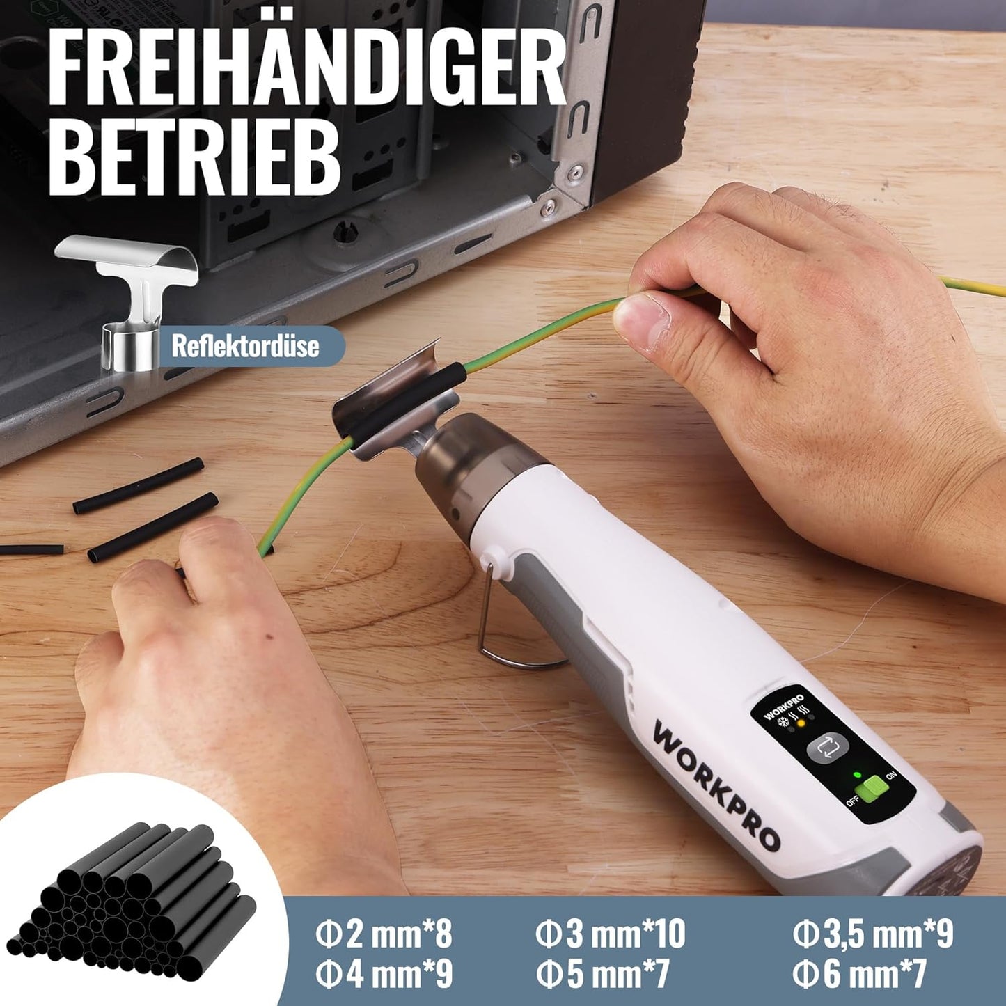 Mini Heissluftpistole mit Akku und Schrumpfschläuchen, Weiß & Grau