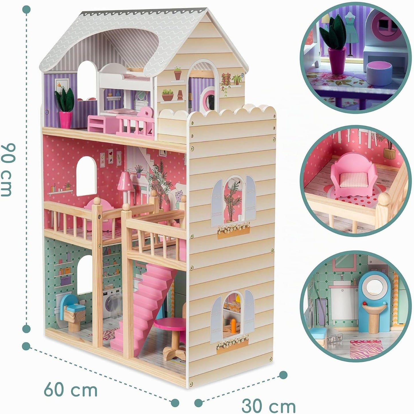 Grosses Puppenhaus mit Möbeln & LED Licht, Gelb