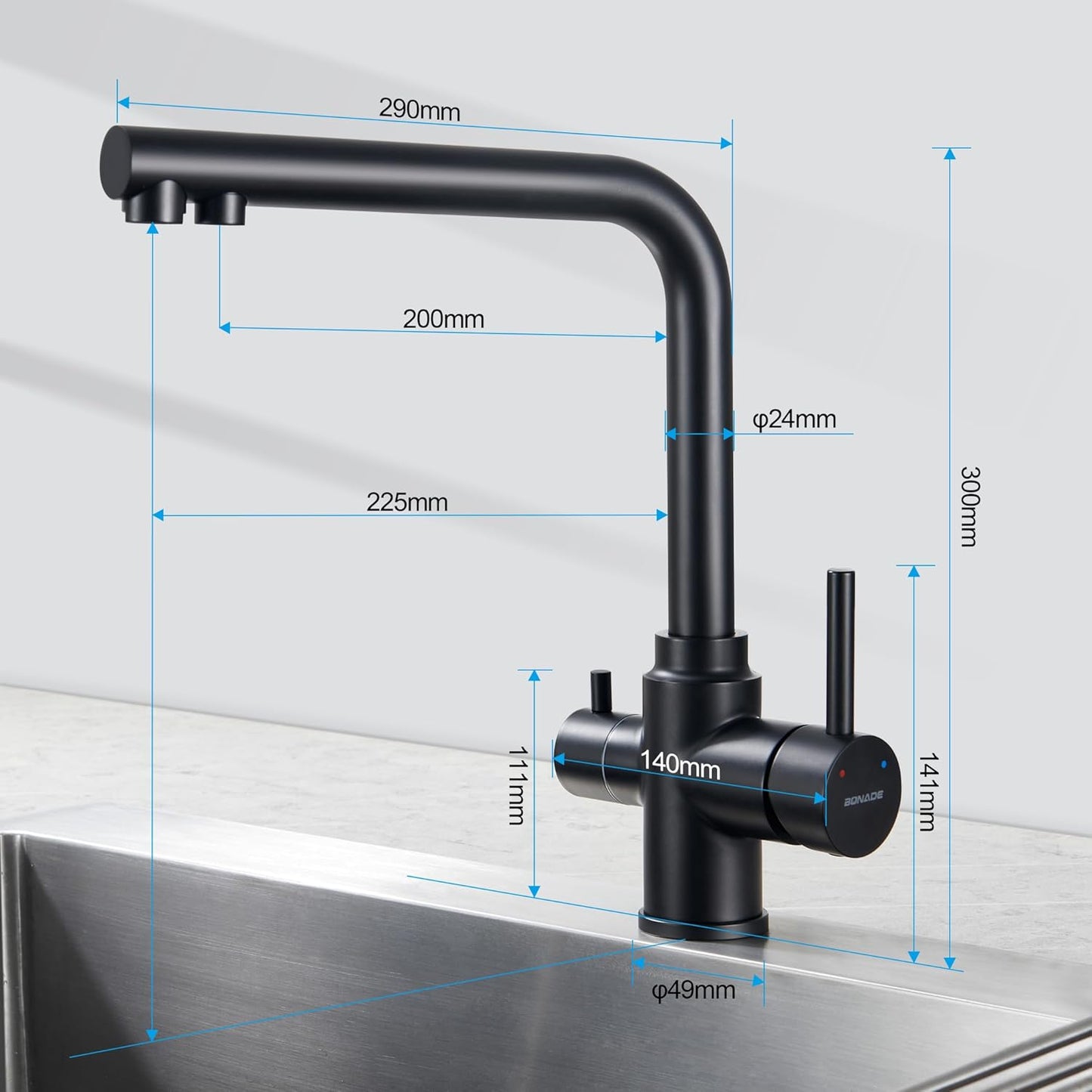 3-Wege Küchenarmatur mit Trinkwasserfunktion, Schwarz