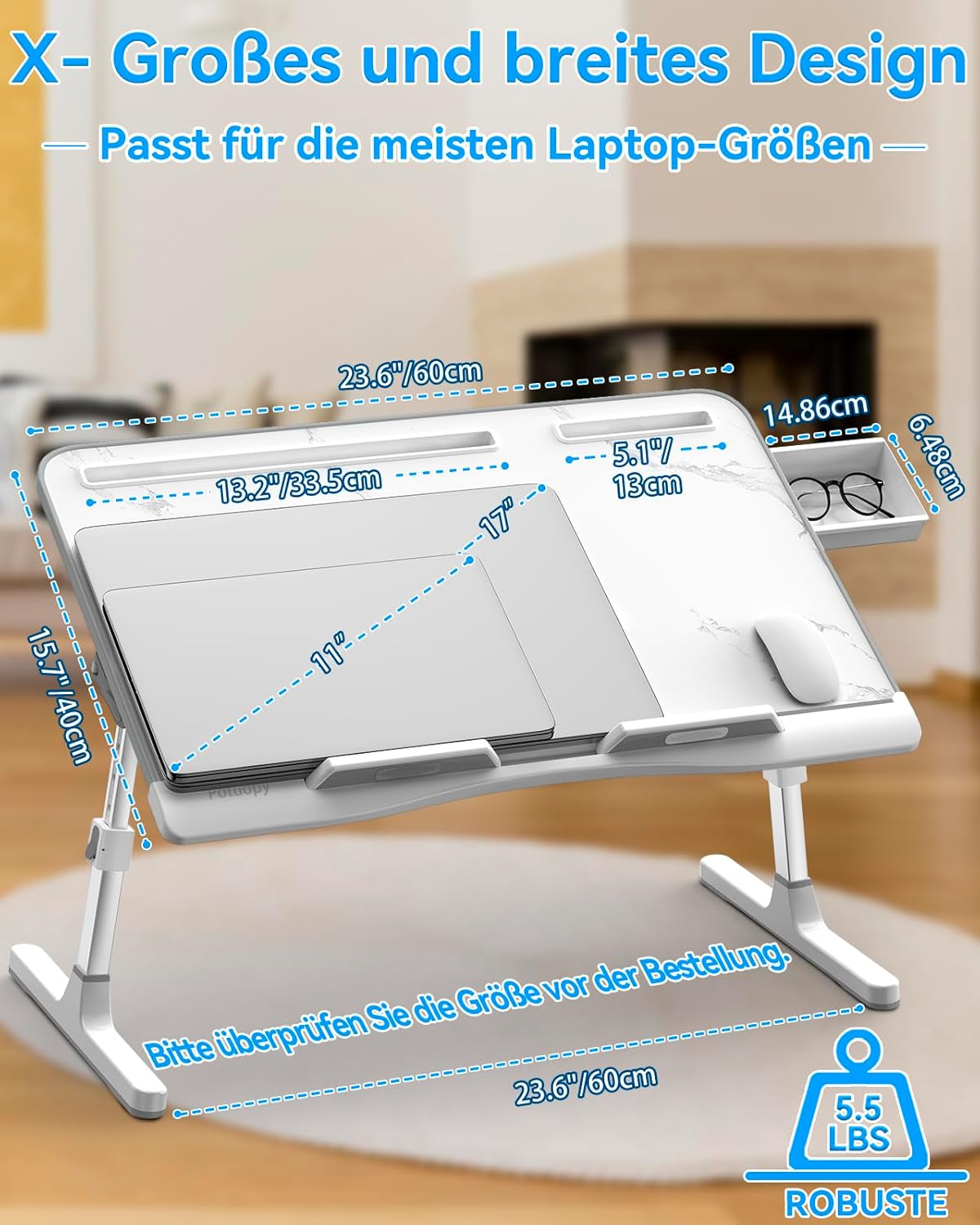 Verstellbarer Betttisch für Laptop und Lesen, Weißer Marmor
