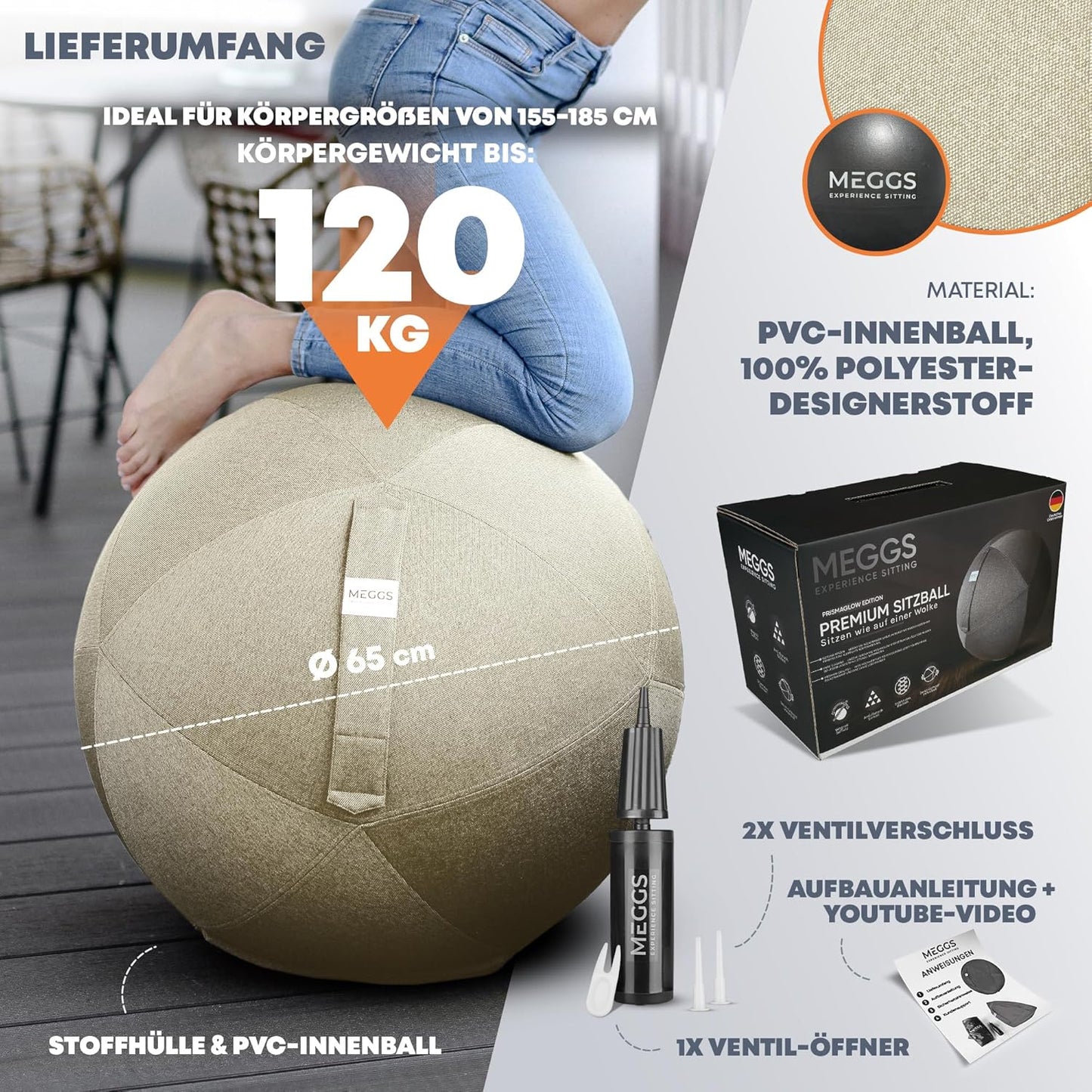 Ergonomischer Sitzball mit Stoffbezug, Perlmutt-beige 65 cm