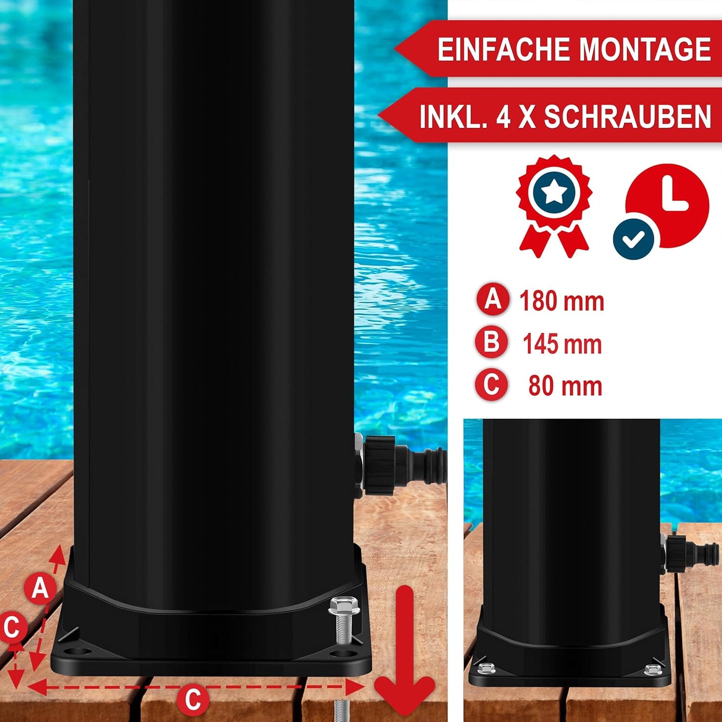 Solardusche Garten mit Thermometer & Wasserhahn 35L, Schwarz