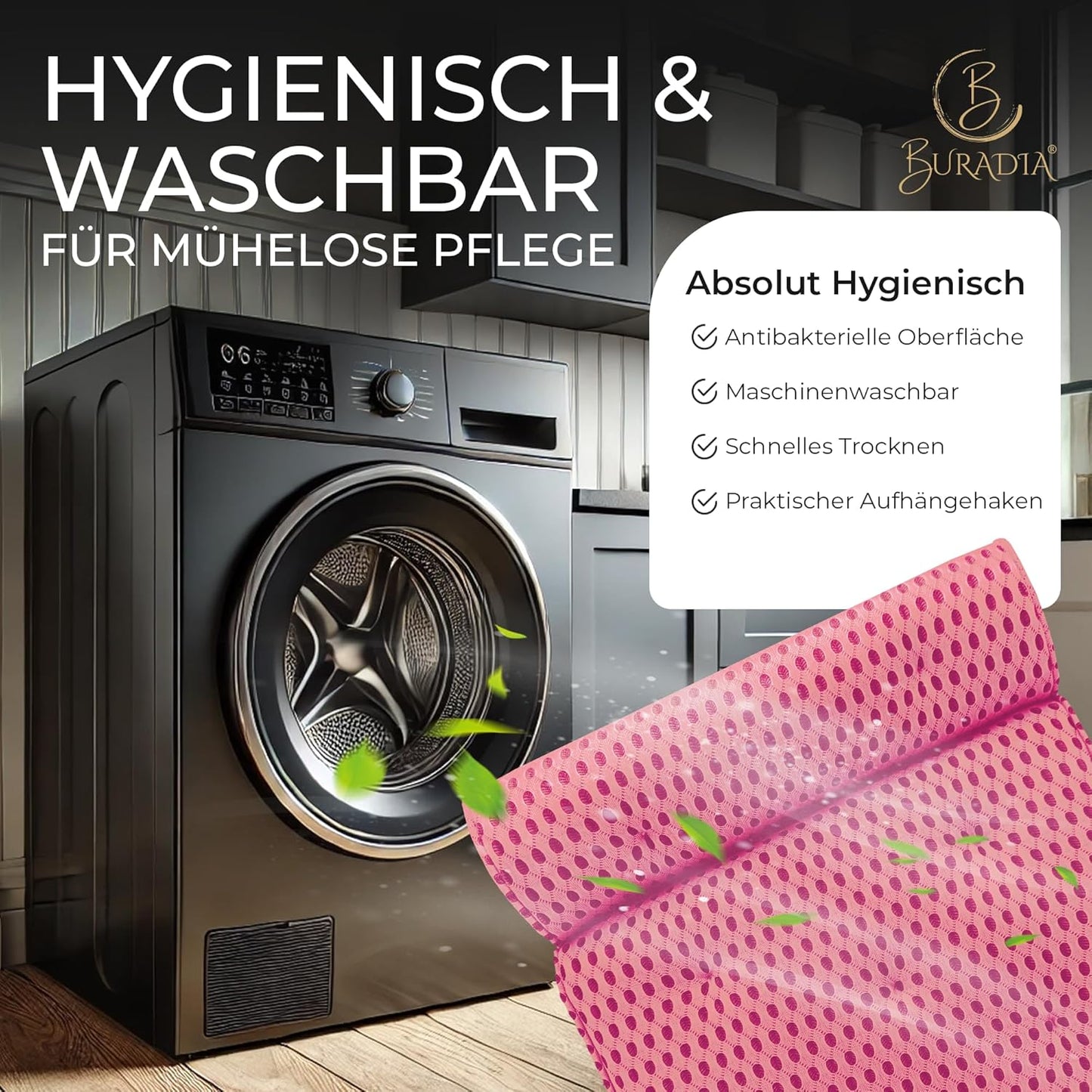 Badewannenkissen mit Saugnäpfen und Wäschenetz, Rosa
