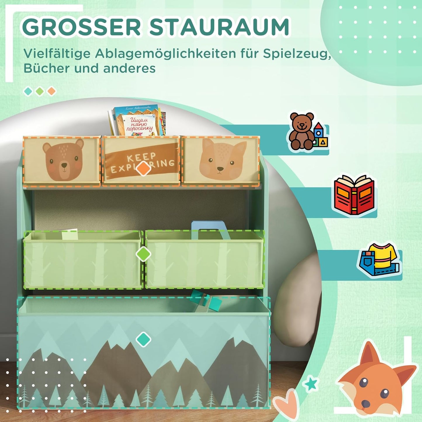 Kinderzimmerregal MDF, Vliesstoff Grün, Grün