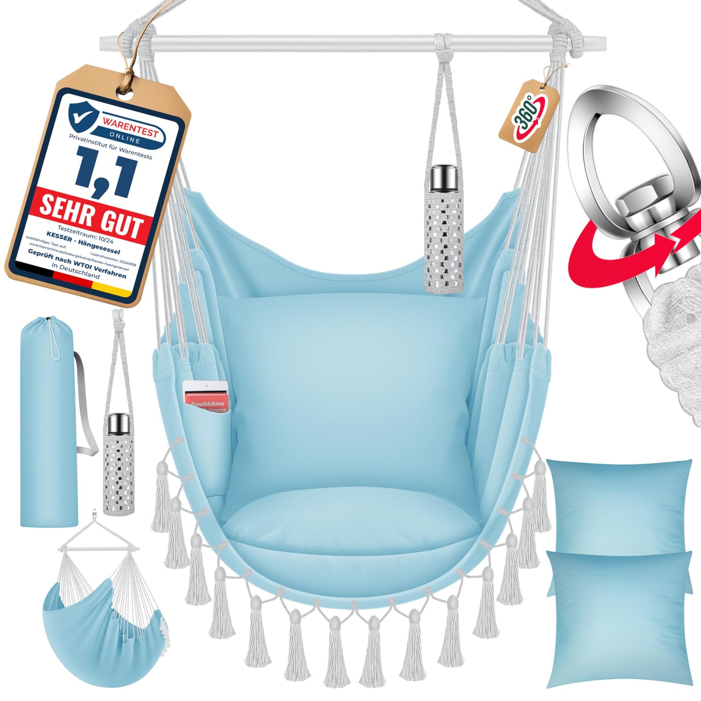Hängesessel Safari XXL mit Aufhängung & Zubehör, Blau / Weiss