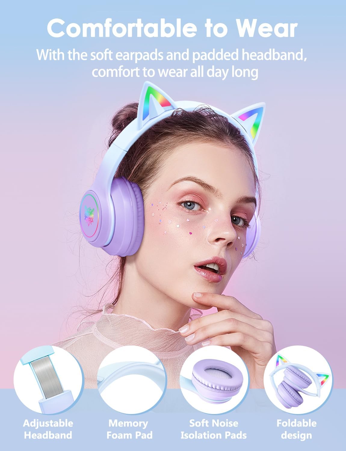 Over-Ear Headset FRKIDD3 mit LED-Katzenohren, Erwachsene, 105 dB, Violett