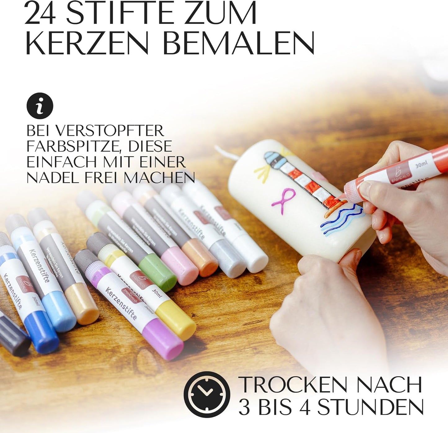 24er- Set Kerzenstifte für Kerzendekoration, 24 leuchtende Farben á 30ml
