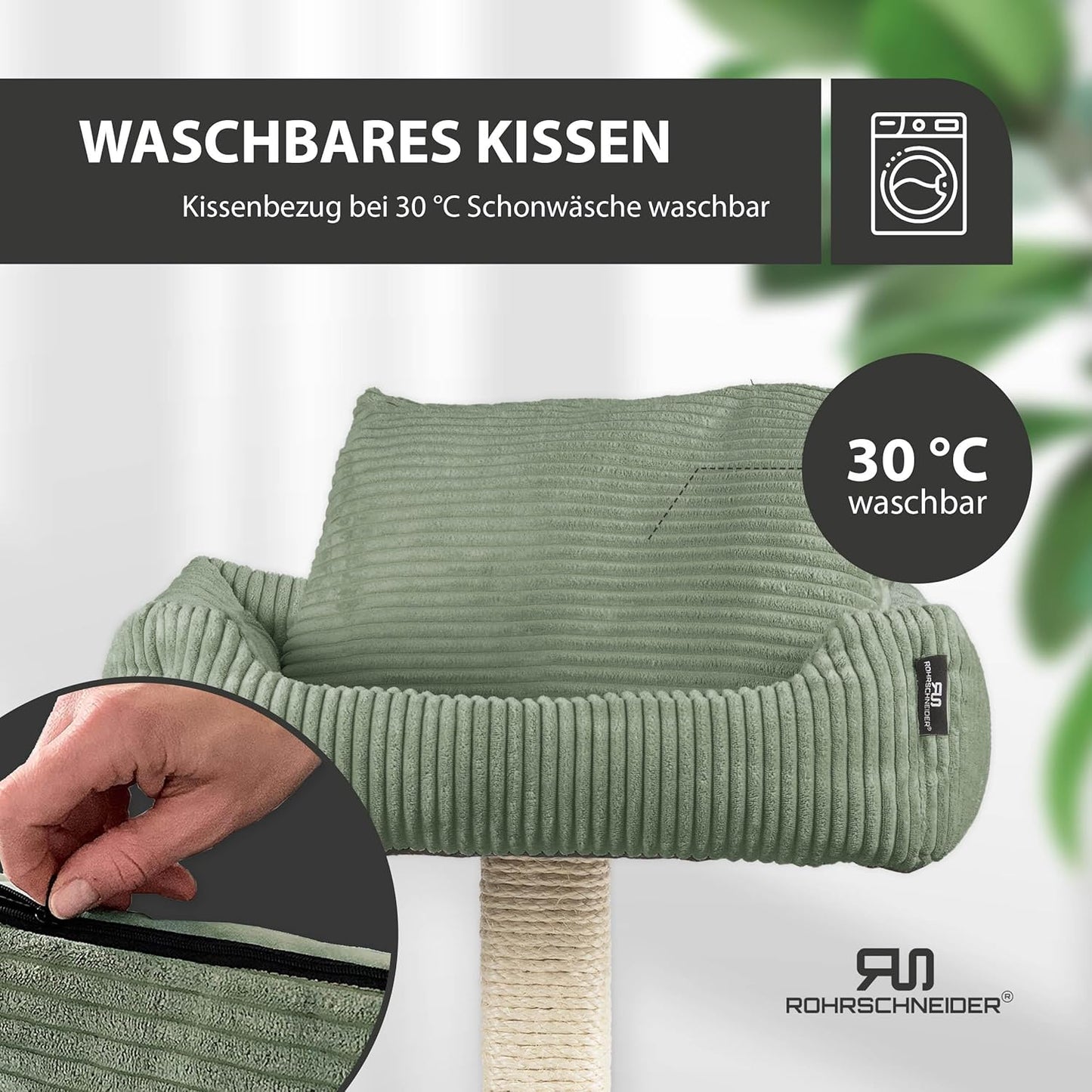 Kleiner Katzenbaum mit Kratzstamm aus Holz, Cordstoff breit salbei