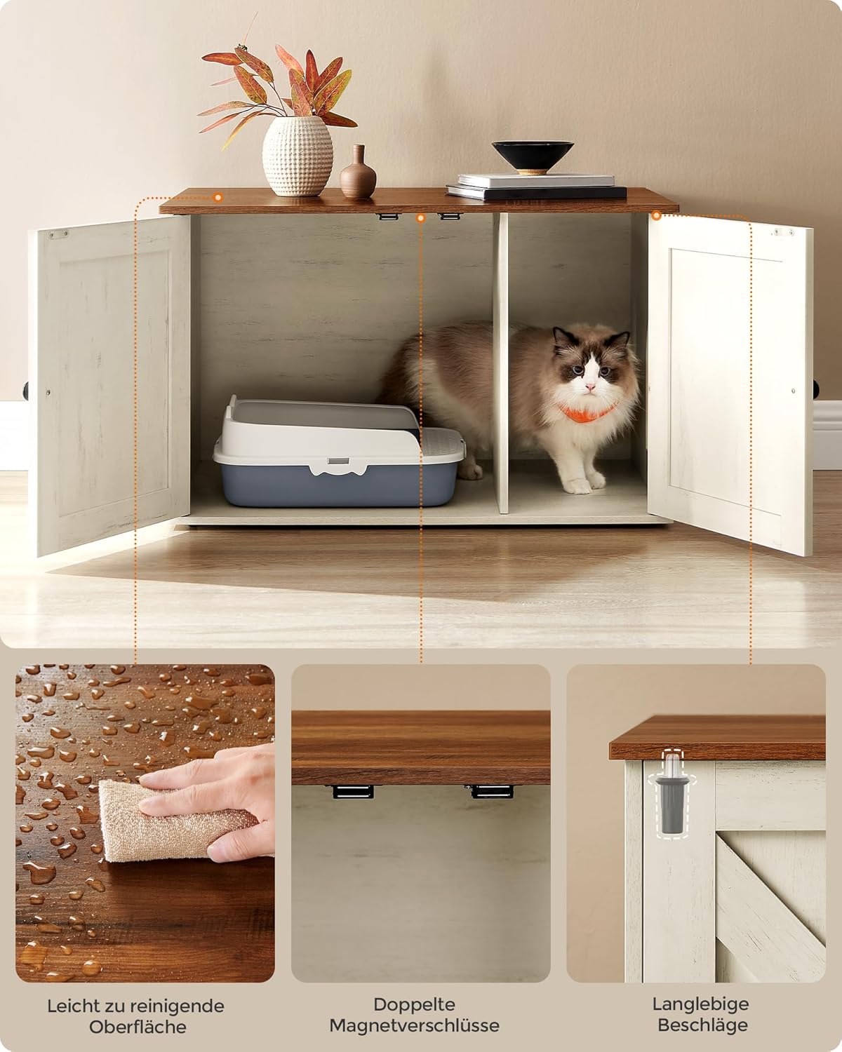 Katzenklo-Schrank mit Trennwand, 53T x 80B cm Honigbraun + Vintageweiss