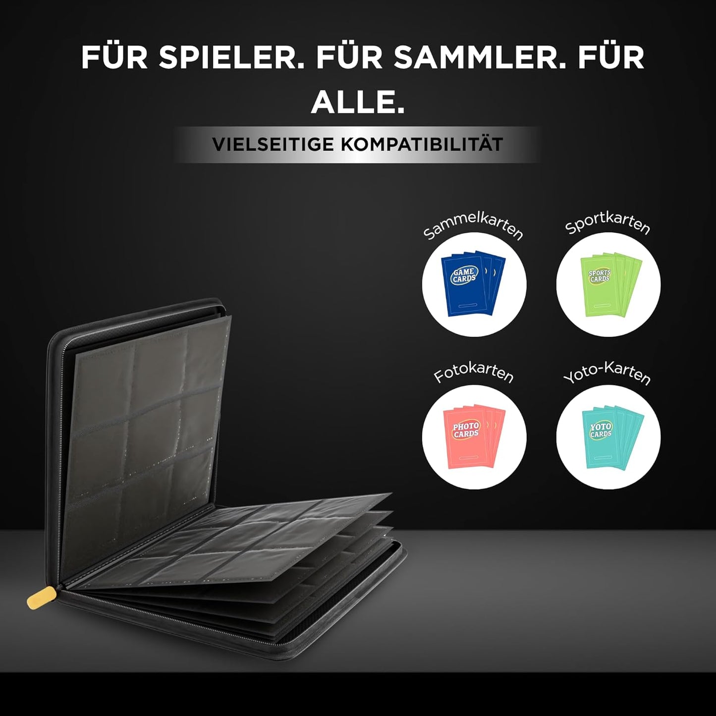 Sammelkarten-Album mit Reissverschluss, 360 Plätze, Schwarz