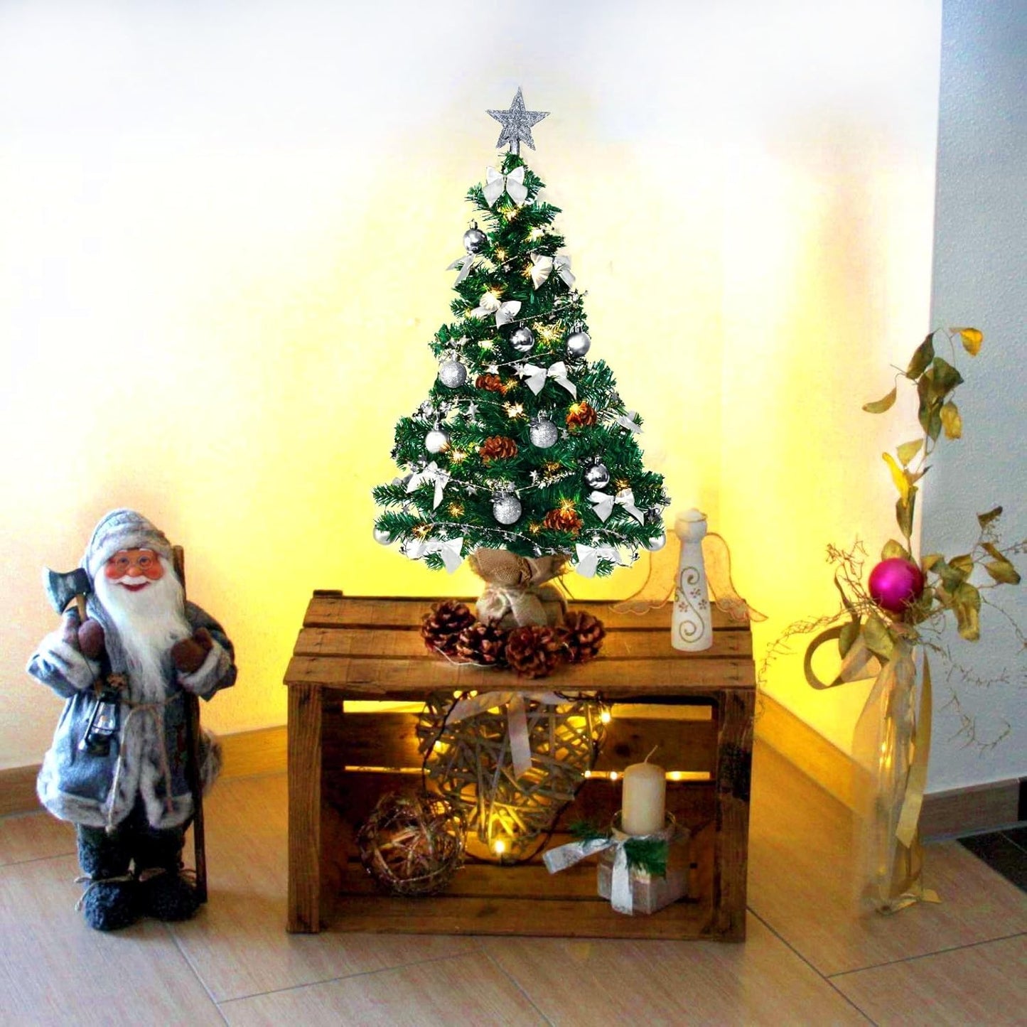 Künstlicher Weihnachtsbaum mit Deko & LED-Lichtern, 90 cm / Grün-silber-braun+warmweiss