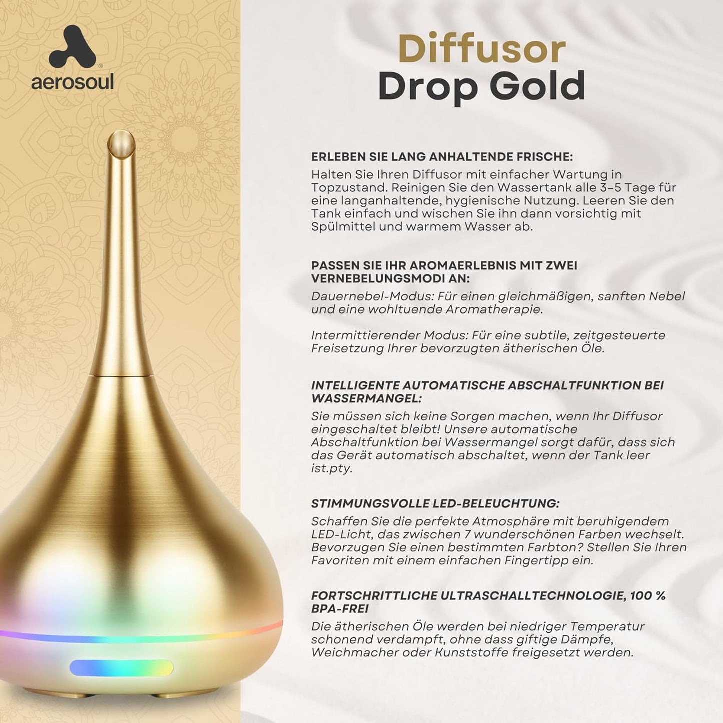 Aromadiffuser Drop mit Abschaltautomatik, Gold 100 ml