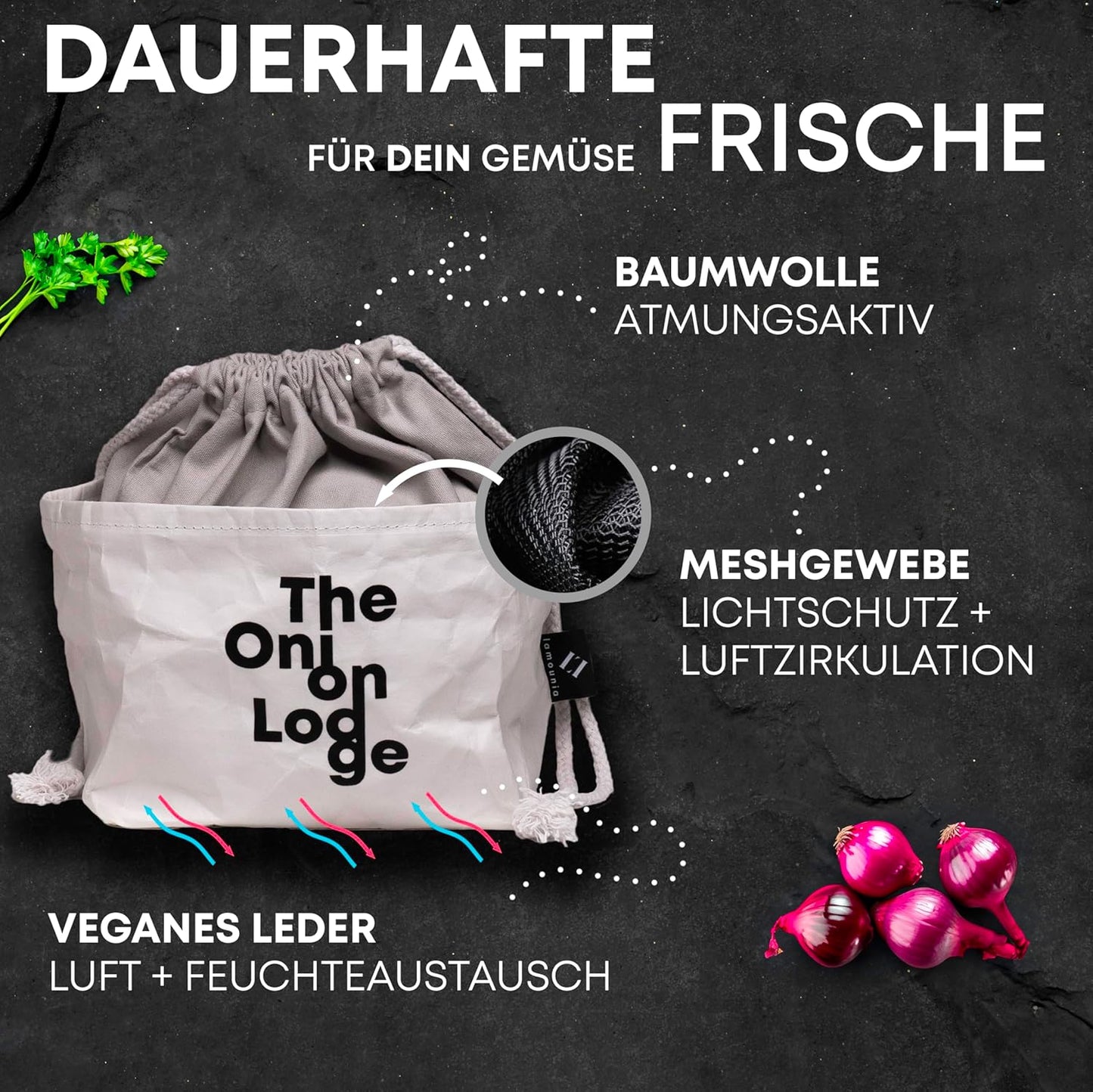 3er-Set Boho Säckchen zur Aufbewahrung von Kartoffeln, Zwiebeln & Knoblauch, Miami Weiss