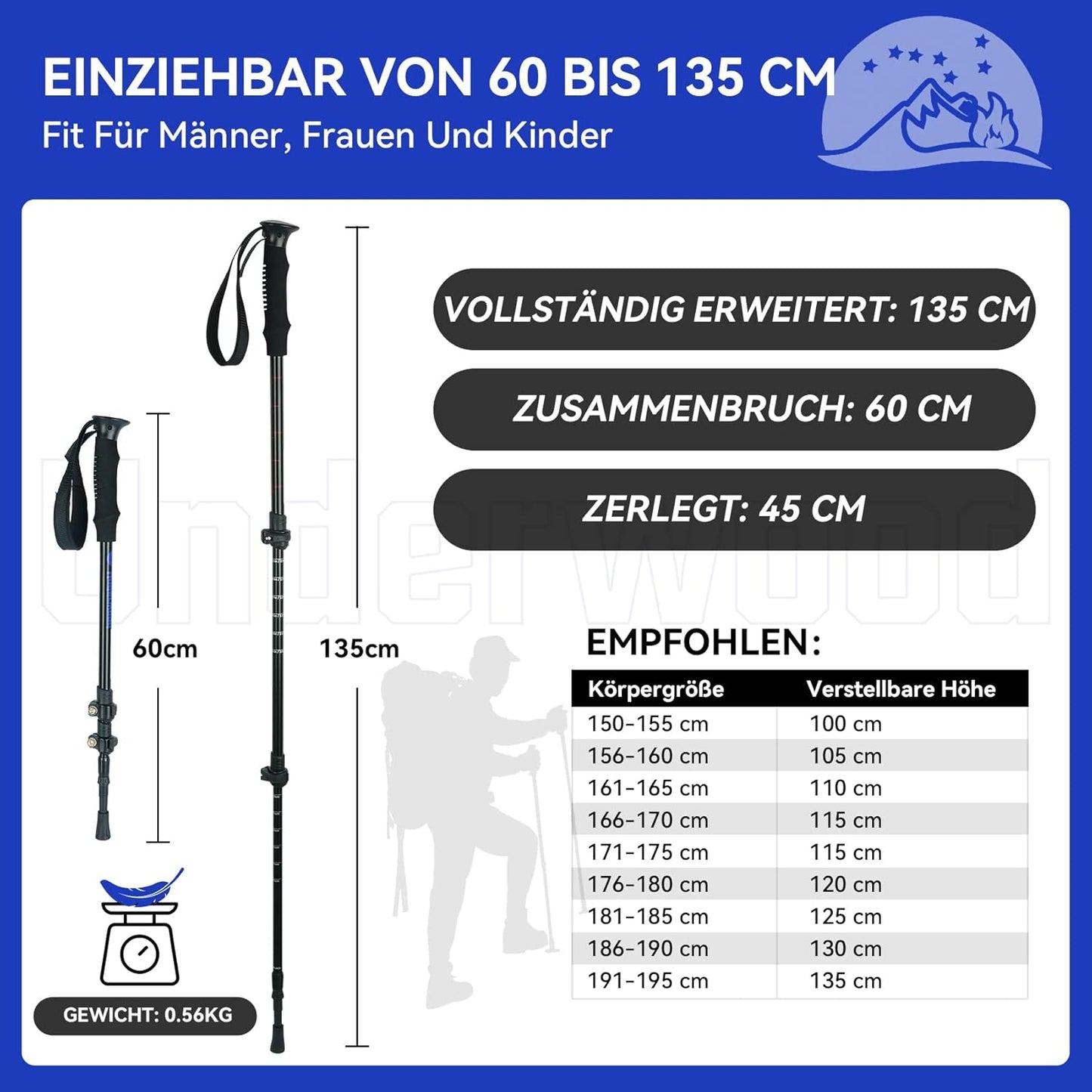 2er-Set Wanderstöcke, Schwarz