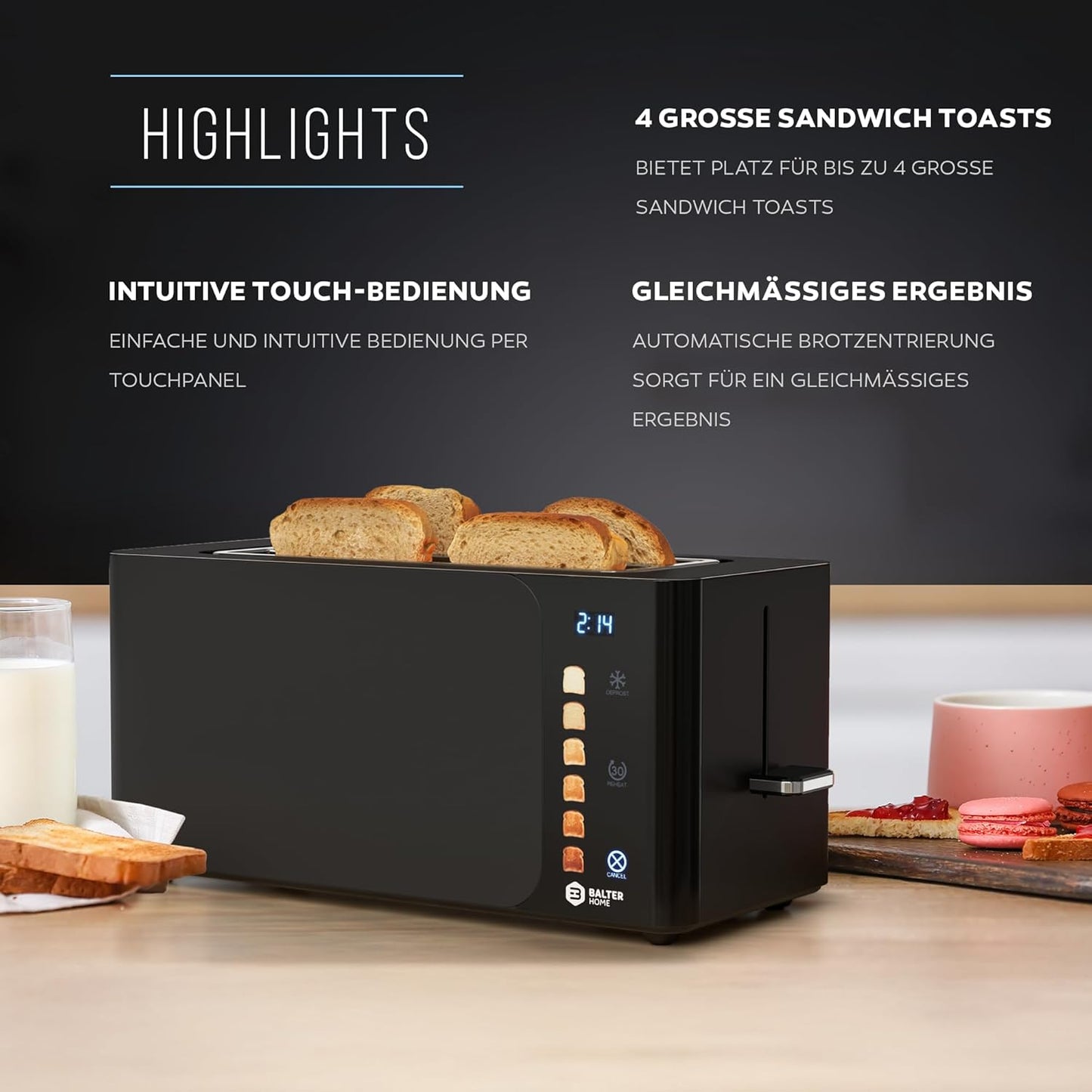 Langschlitztoaster TS-44 mit Touch-Bedienung und LCD Display, Schwarz Touch S