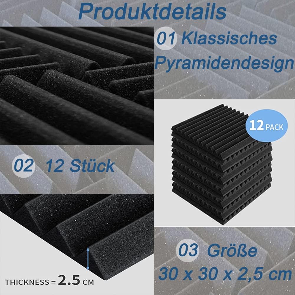 Akustikschaumstoff Platten-Set (12 Stück, 30x30x2,5 cm)