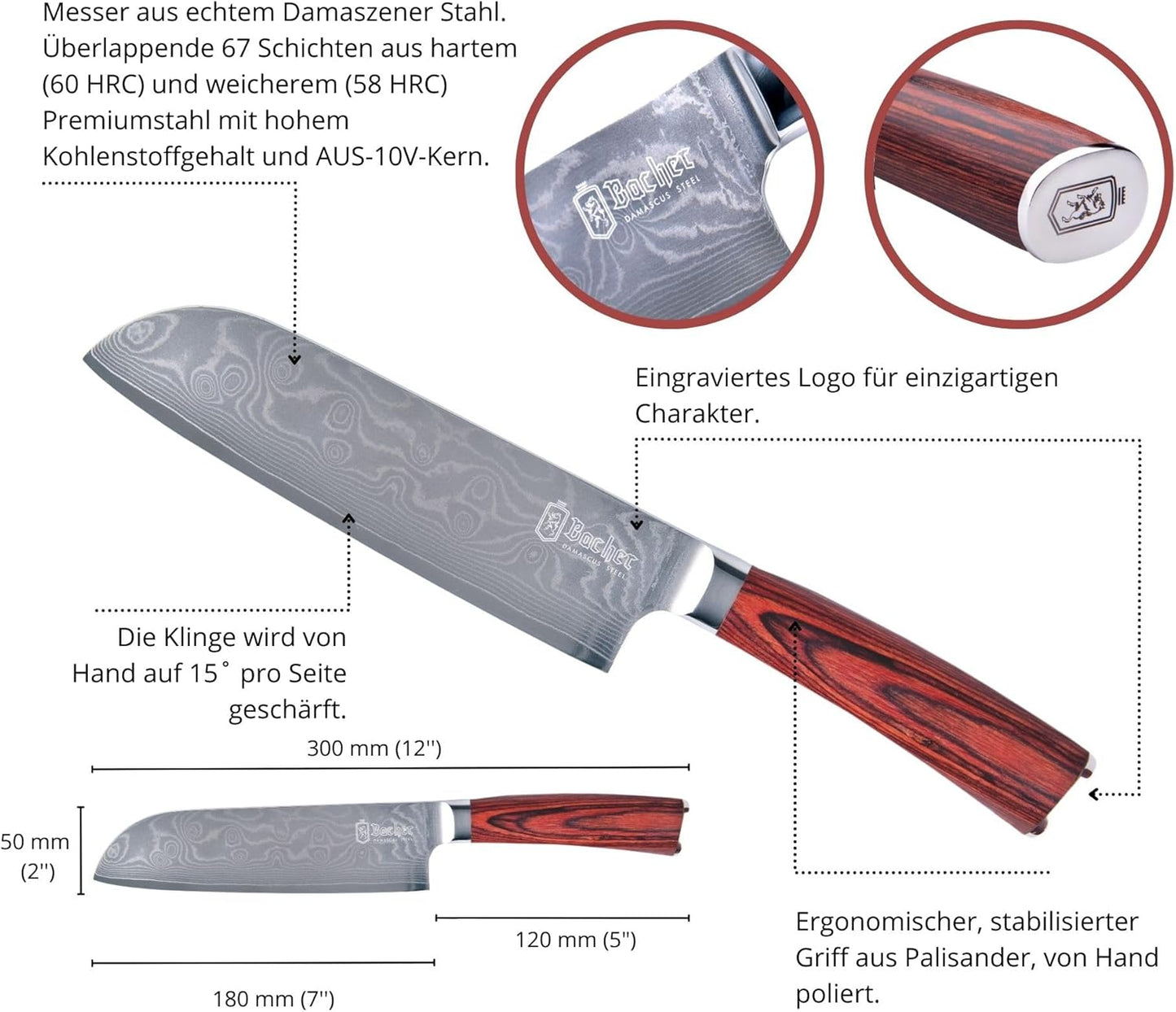 Santokumesser mit Holzkiste, Damast Santokumesser 18cm Holz