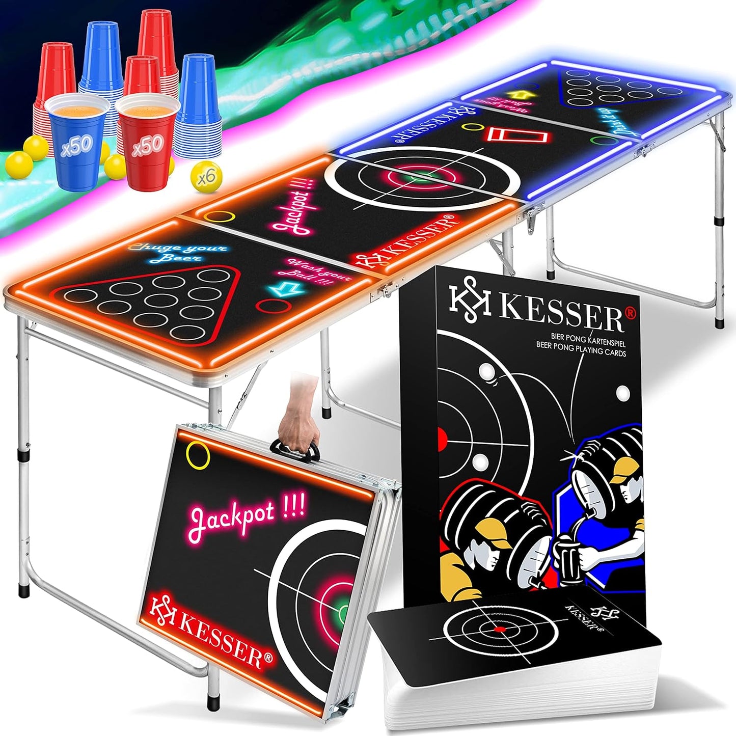 Bier Pong Tisch Set mit LED und Kartenspiel, Classic mit Led + Kartenspiel