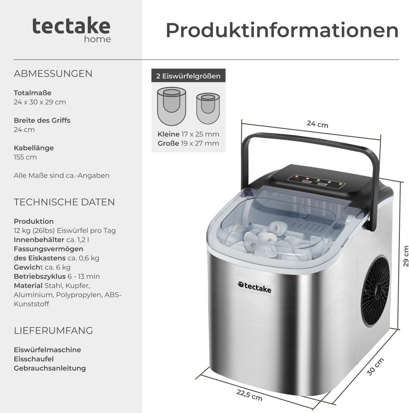 Eiswürfelmaschine Arctic, Wassertank 1,2 L - 12 kg in 24 h Silber