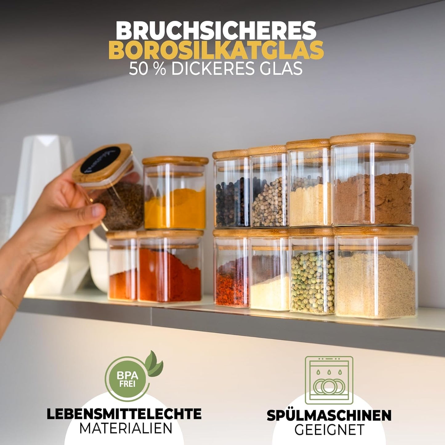 Gewürzgläser, 12er Set eckig
