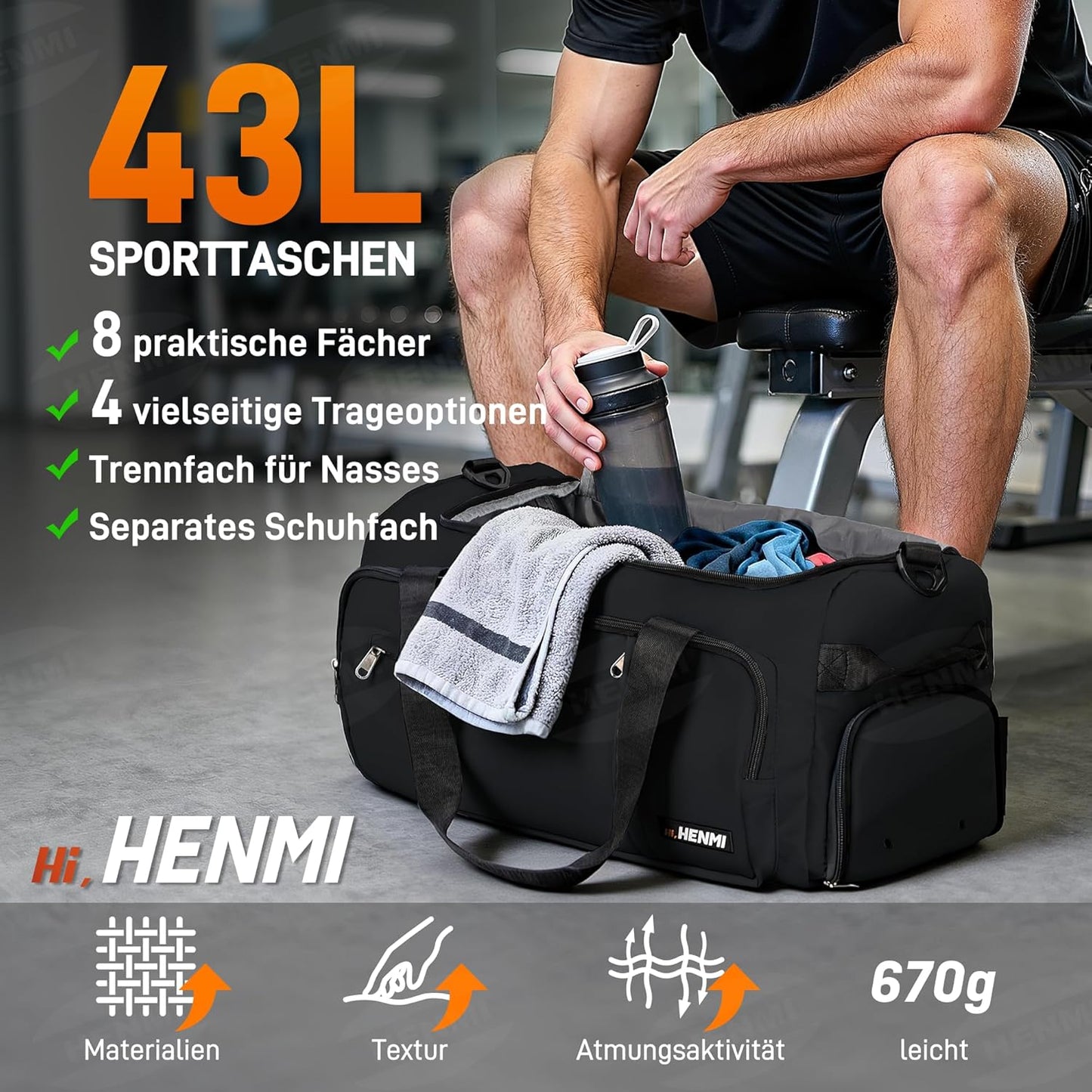 Sport- und Reisetasche mit Schuh- und Nassfach, Schwarz