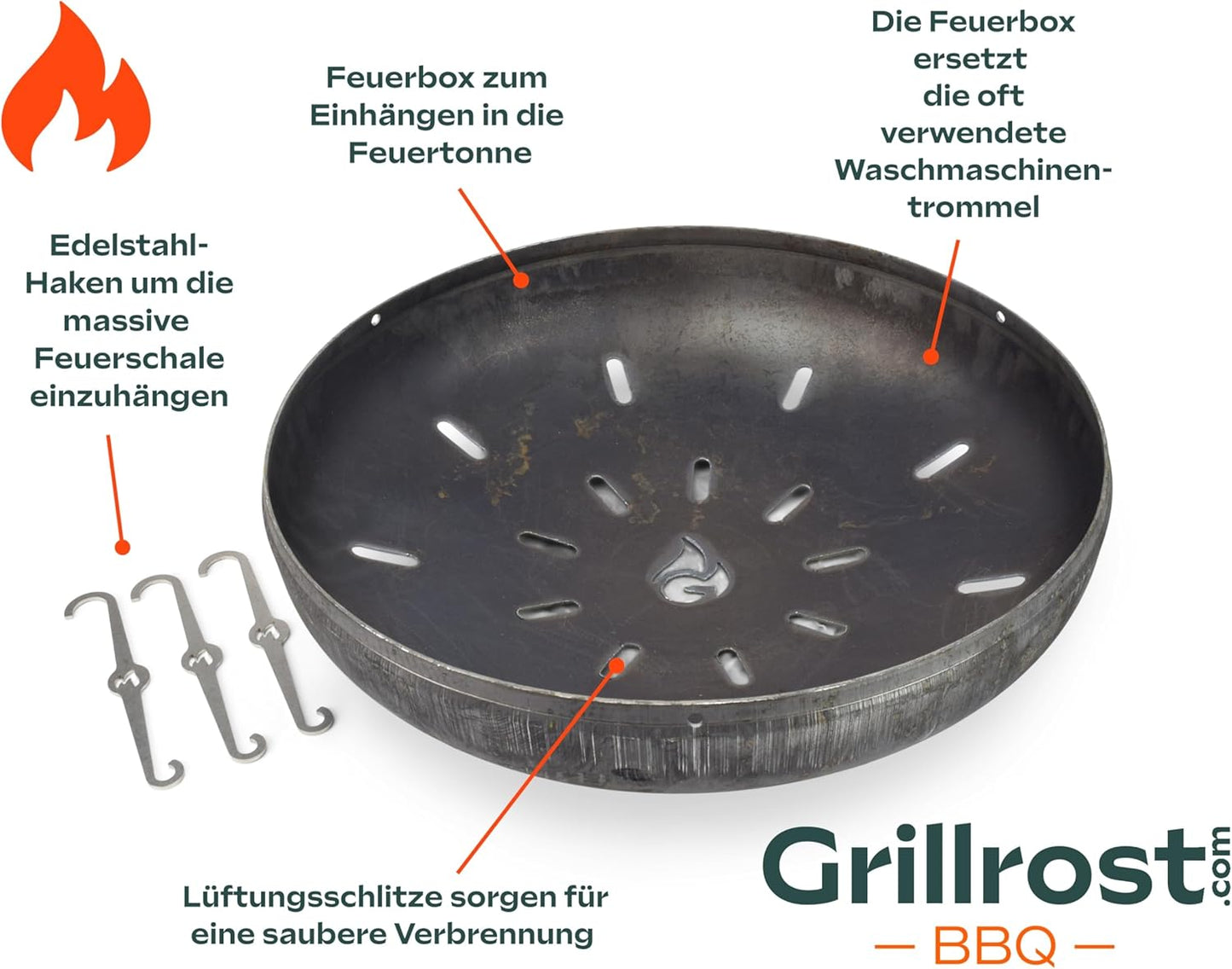 Feuerbox aus Stahl mit Edelstahl-Haken, Feuerbox mit Haken