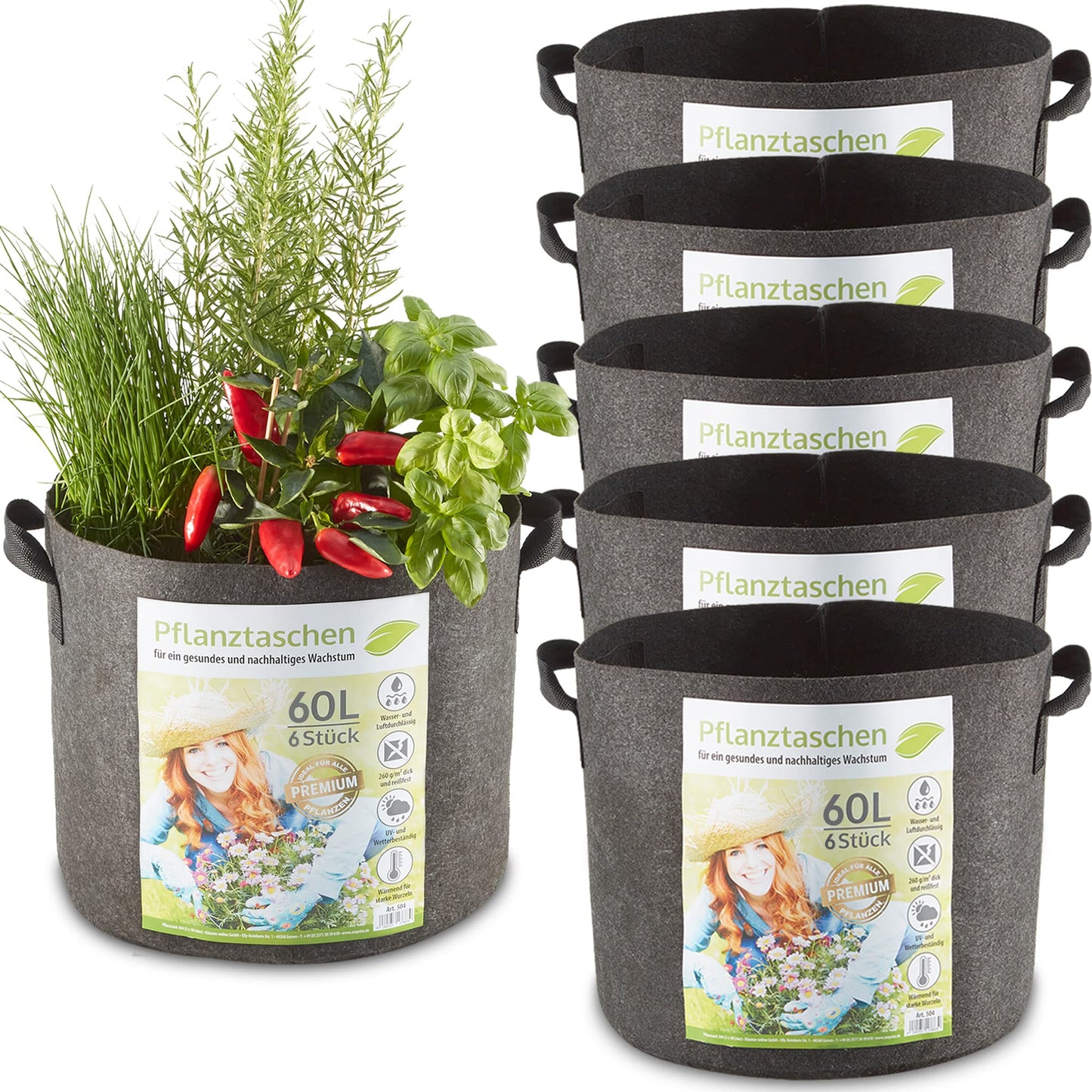 Pflanztaschen-Set aus Vlies, 6 Stück x 60 Liter
