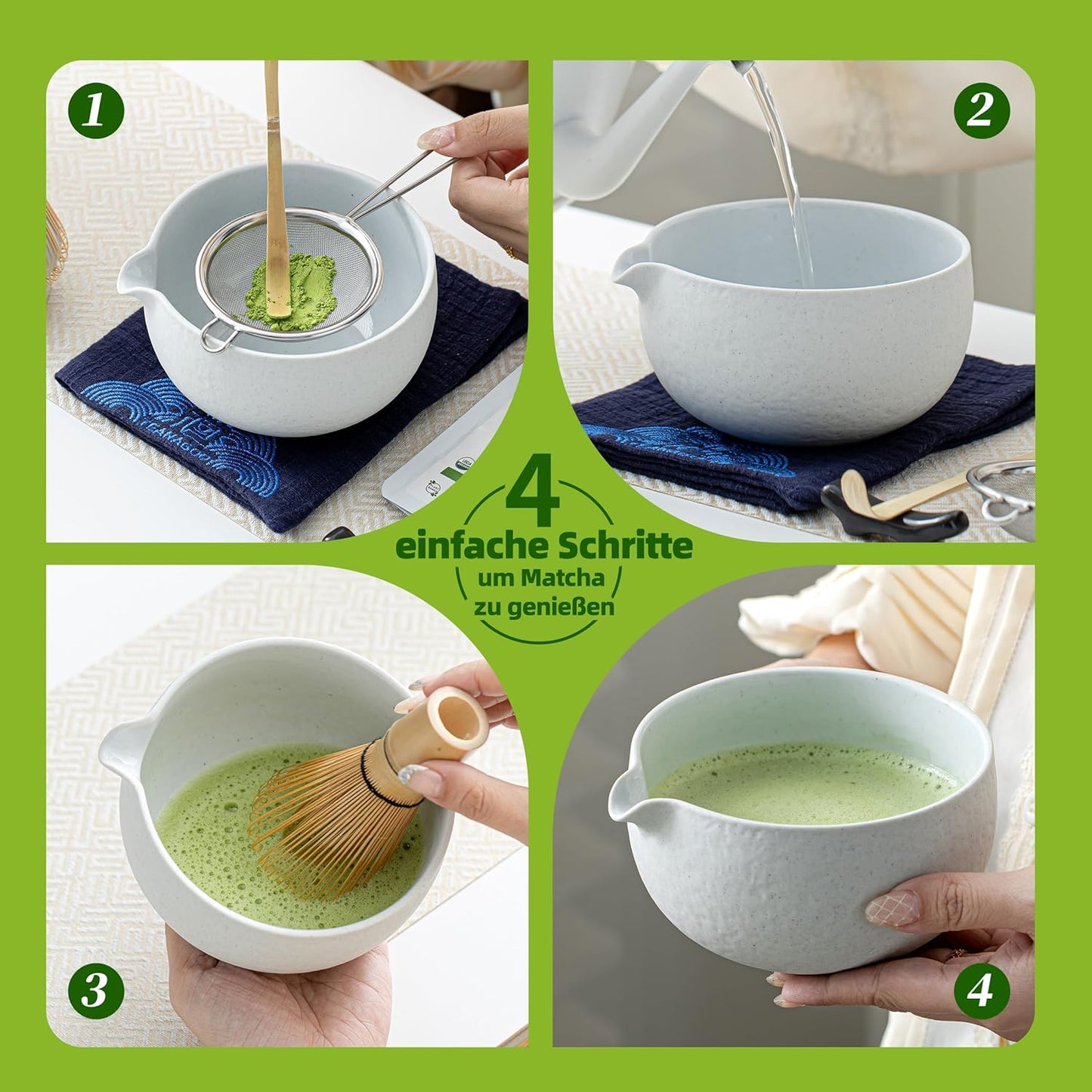 7-teiliges Matcha Tee-Set mit Schale und Besen, 7Stück/Set, Schüssel mit Ausgiesser Grau-lt.