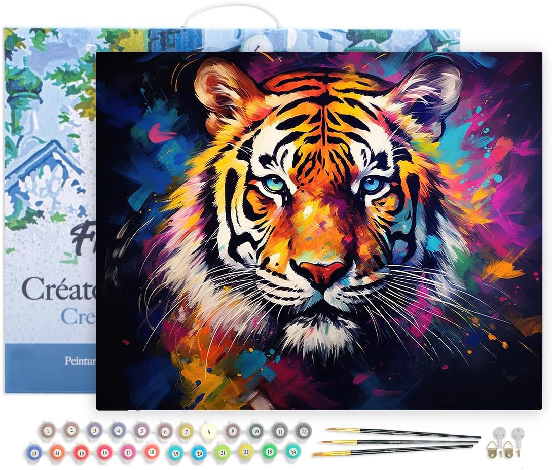 Malen Nach Zahlen Set Tiger Farbenfroh Abstrakt, 40x50cm, mit Rahmen, Tiger Farbenfroh Abstrakt 40x50cm Mit Rahmen (bereits gespannt)