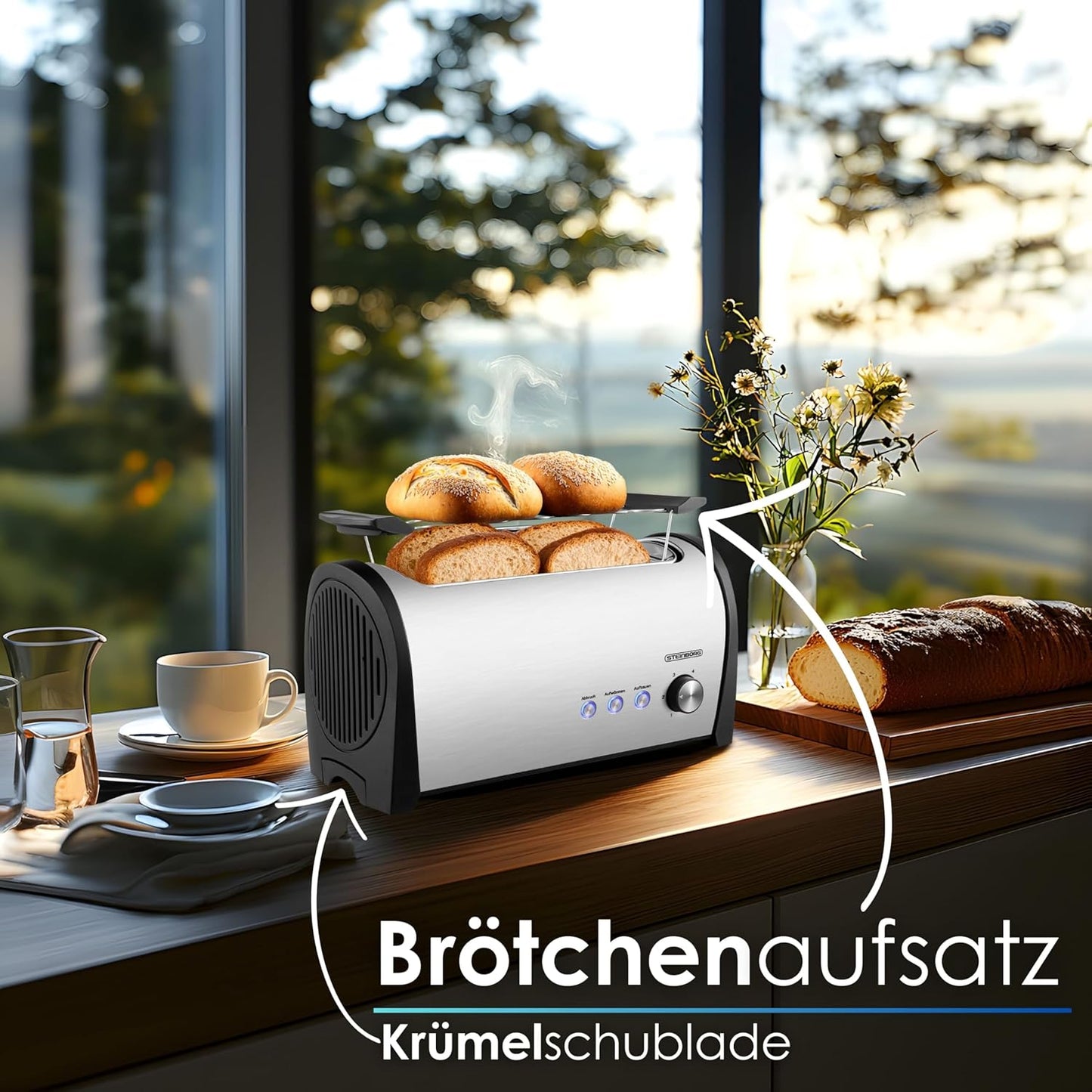 Toaster für 4 Scheiben mit Brötchenaufsatz