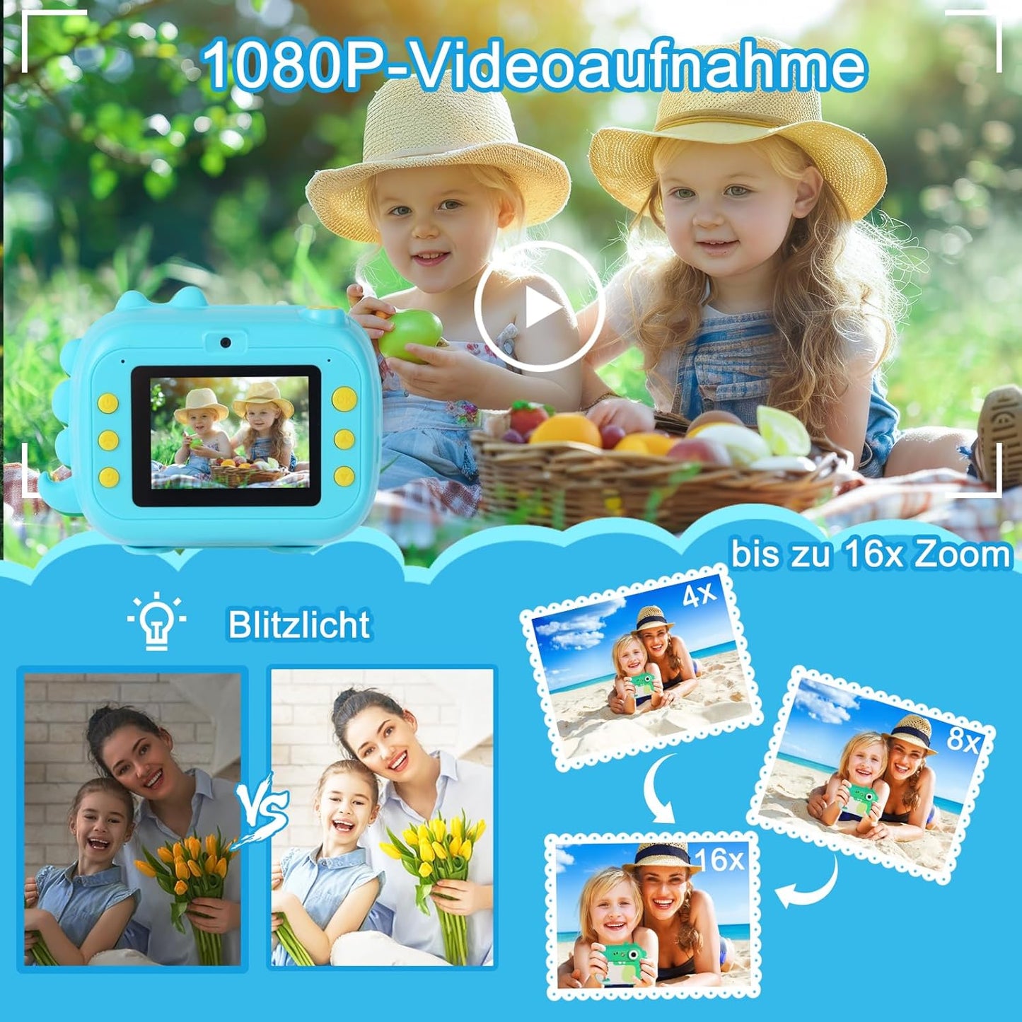 Sofortbildkamera für Kinder mit HD Videoaufnahme, Blue