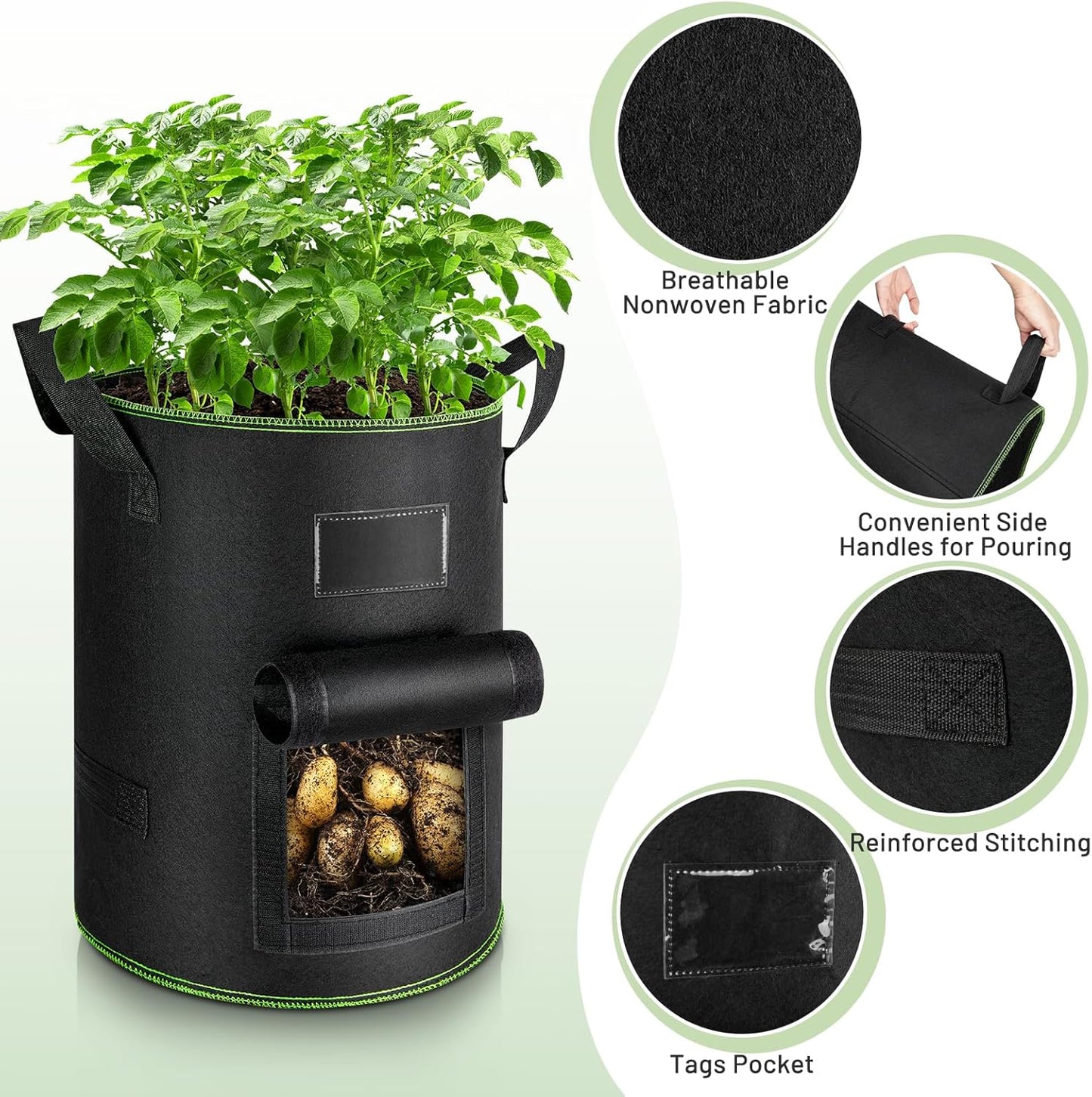 Pflanzsack-Set mit Sichtfenster, 5 Stück, 40L mit 60Pcs klein Pflanzbeutel