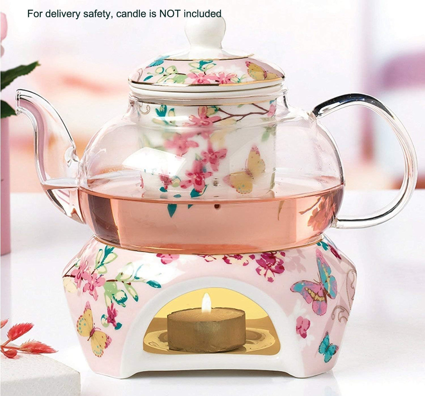 Teekanne mit Stövchen und Teesieb, Rosa