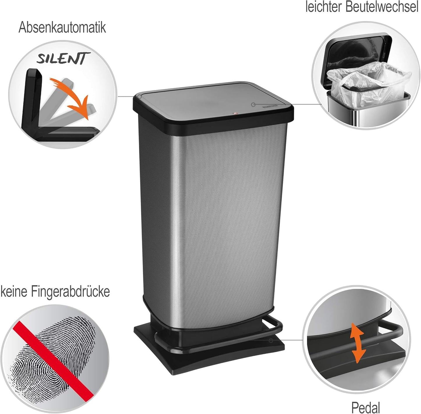 Paso Pedal-Mülleimer 40l BPA-frei Kunststoff, Mülleimer Carbon
