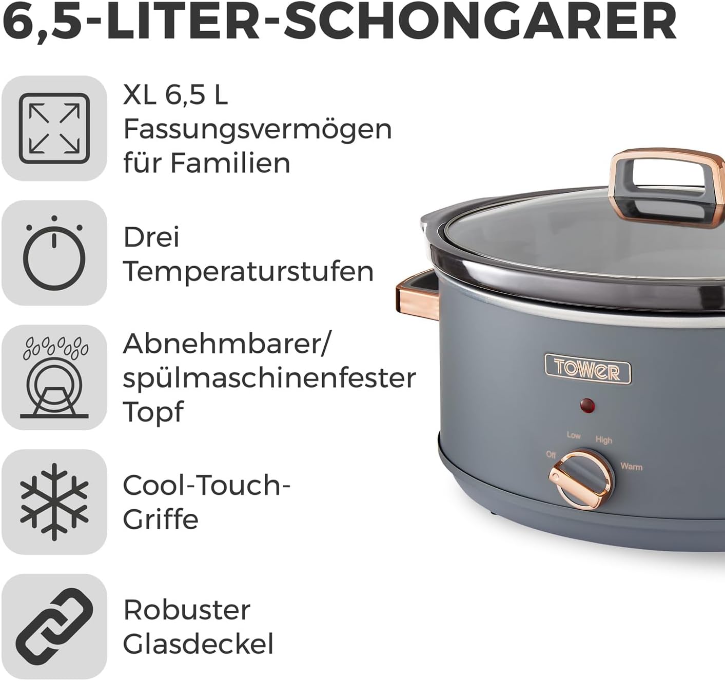 Schongarer mit 3 Wärmestufen, 6,5 l Slow Cooker Grau