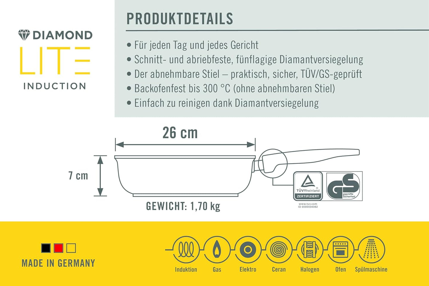 Diamond Lite Hochrandpfanne mit abnehmbarem Stiel, Ø 26 cm, 7 cm hoch