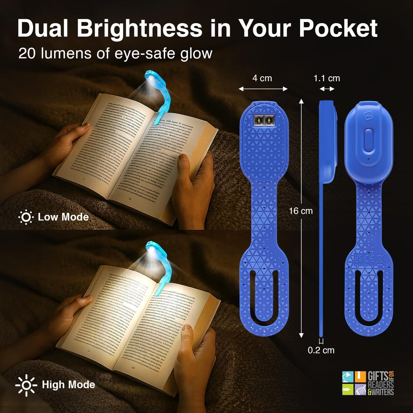 Flexilight 2-in-1 Clip On Leselampe & Lesezeichen, wiederaufladbar, Blau