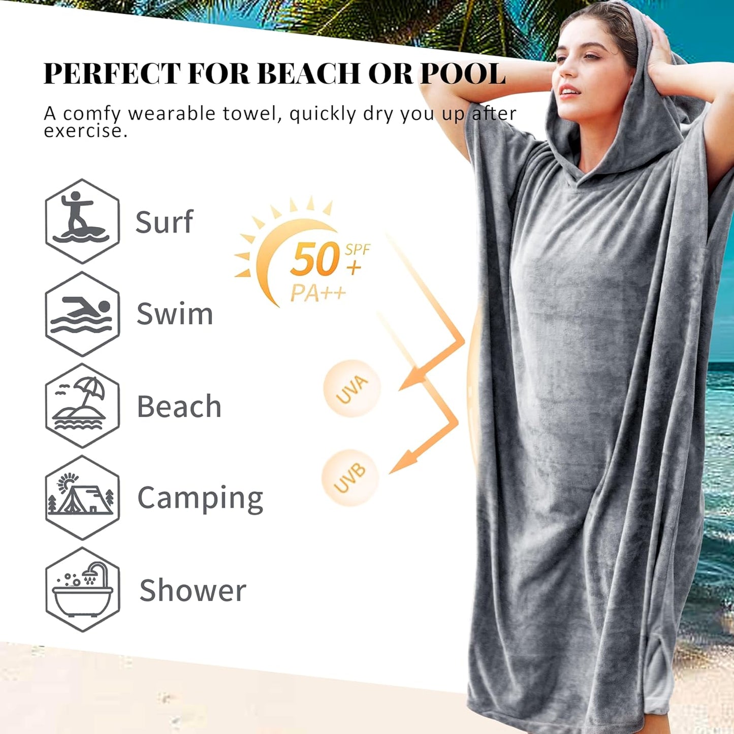 Surf- und Badeponcho mit Kapuze, Grau