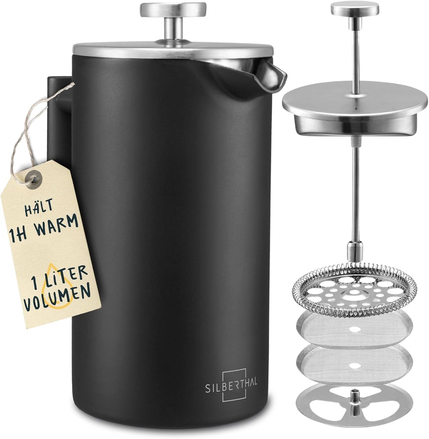 French Press Thermo-Kaffeebereiter 1L Edelstahl, Schwarz