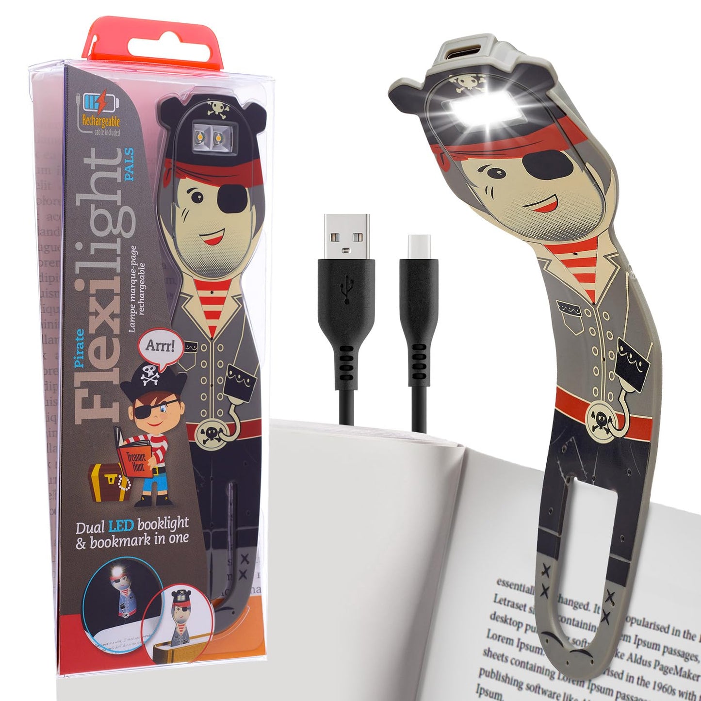 Flexilight 2-in-1 Clip On Leselampe & Lesezeichen, wiederaufladbar, Pirat