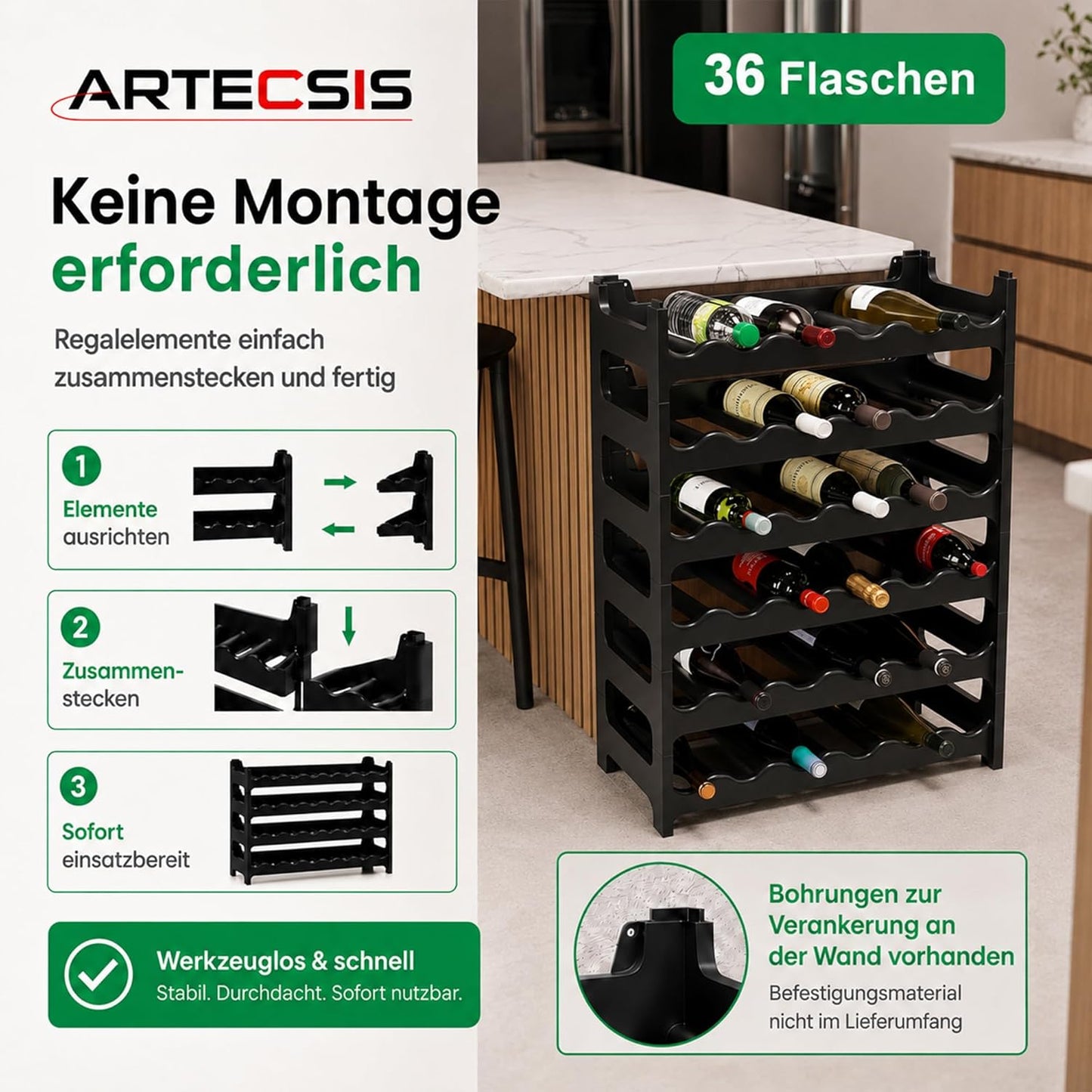 Weinregal für 36 Flaschen, Schwarz 36 Flaschen