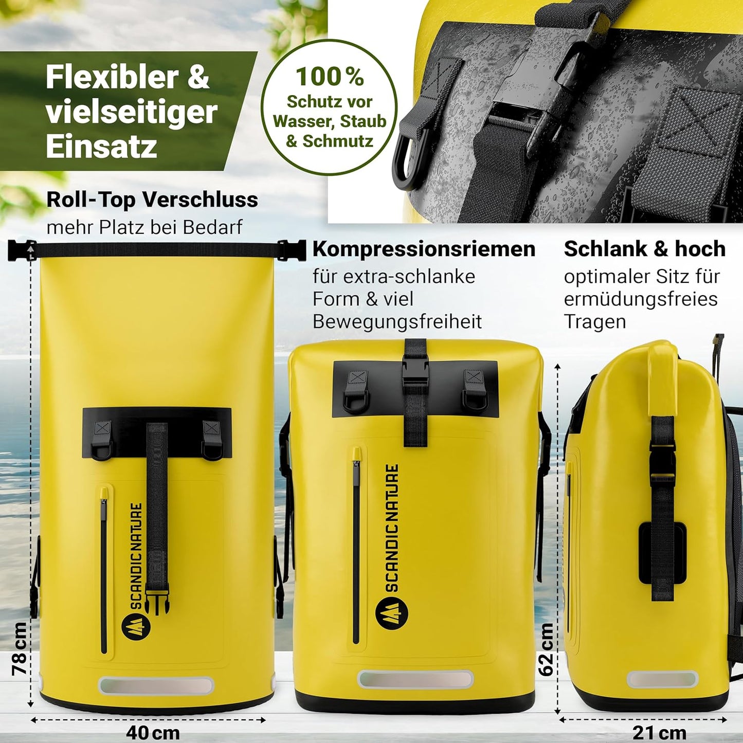 Wasserdichter Rucksack mit Rolltop-Verschluss und Handyhülle, Gelb 35 Liter