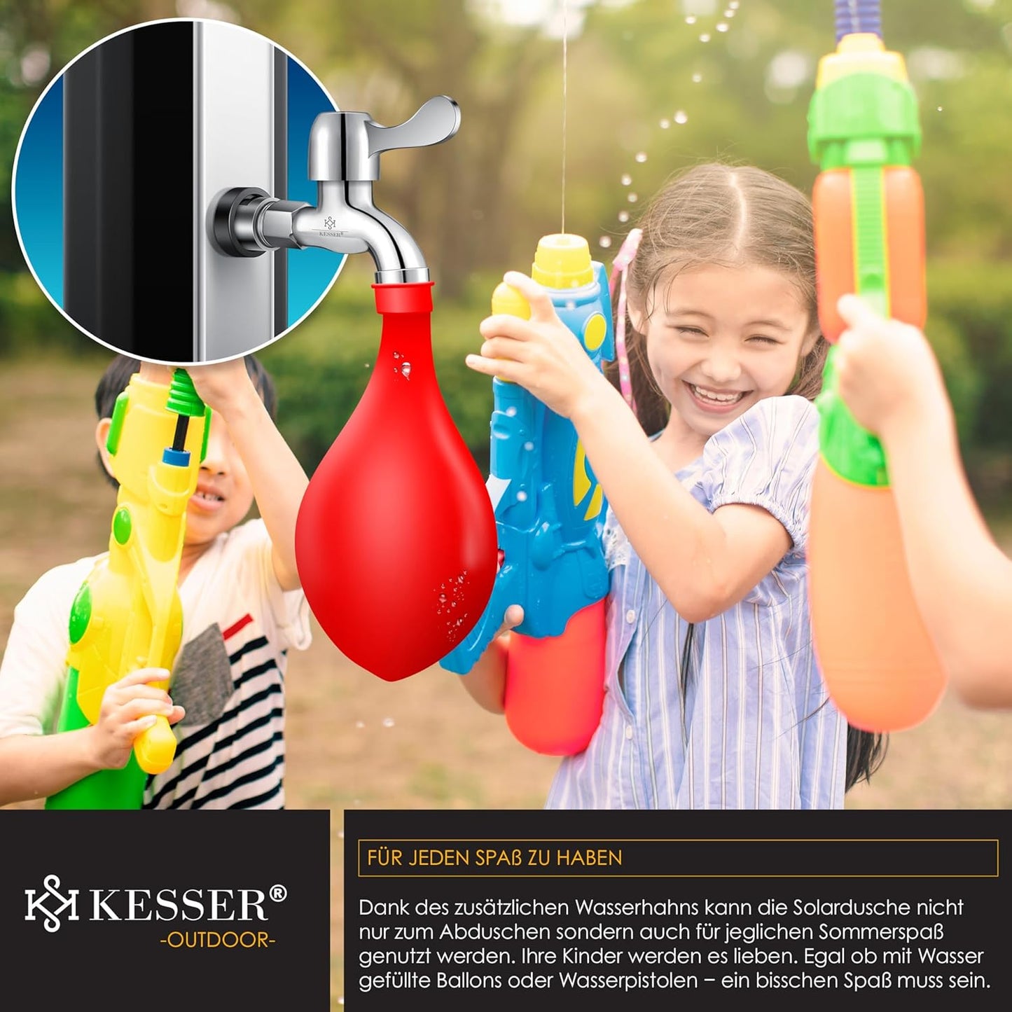 Solardusche mit Regenduschkopf, 40 Liter Schwarz / Silber