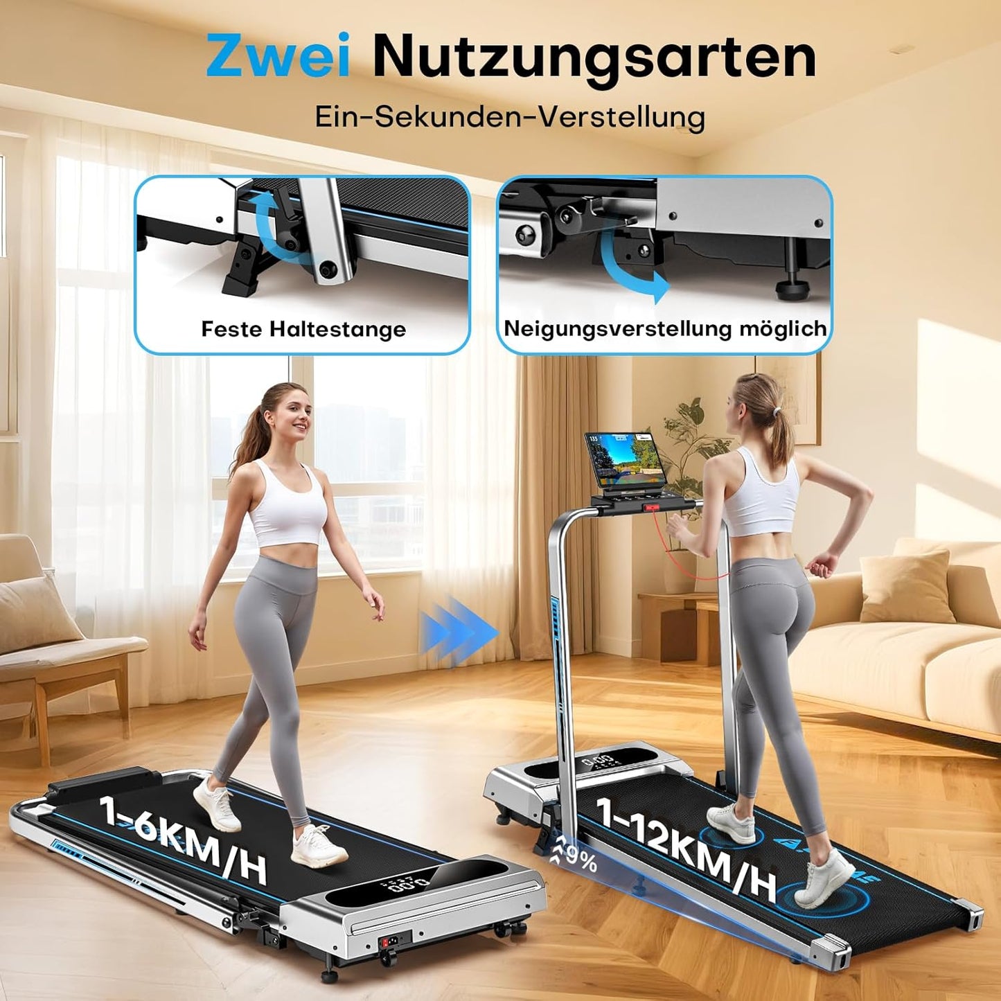5-in-1 klappbares Laufband mit Steigung und App, Silber blau