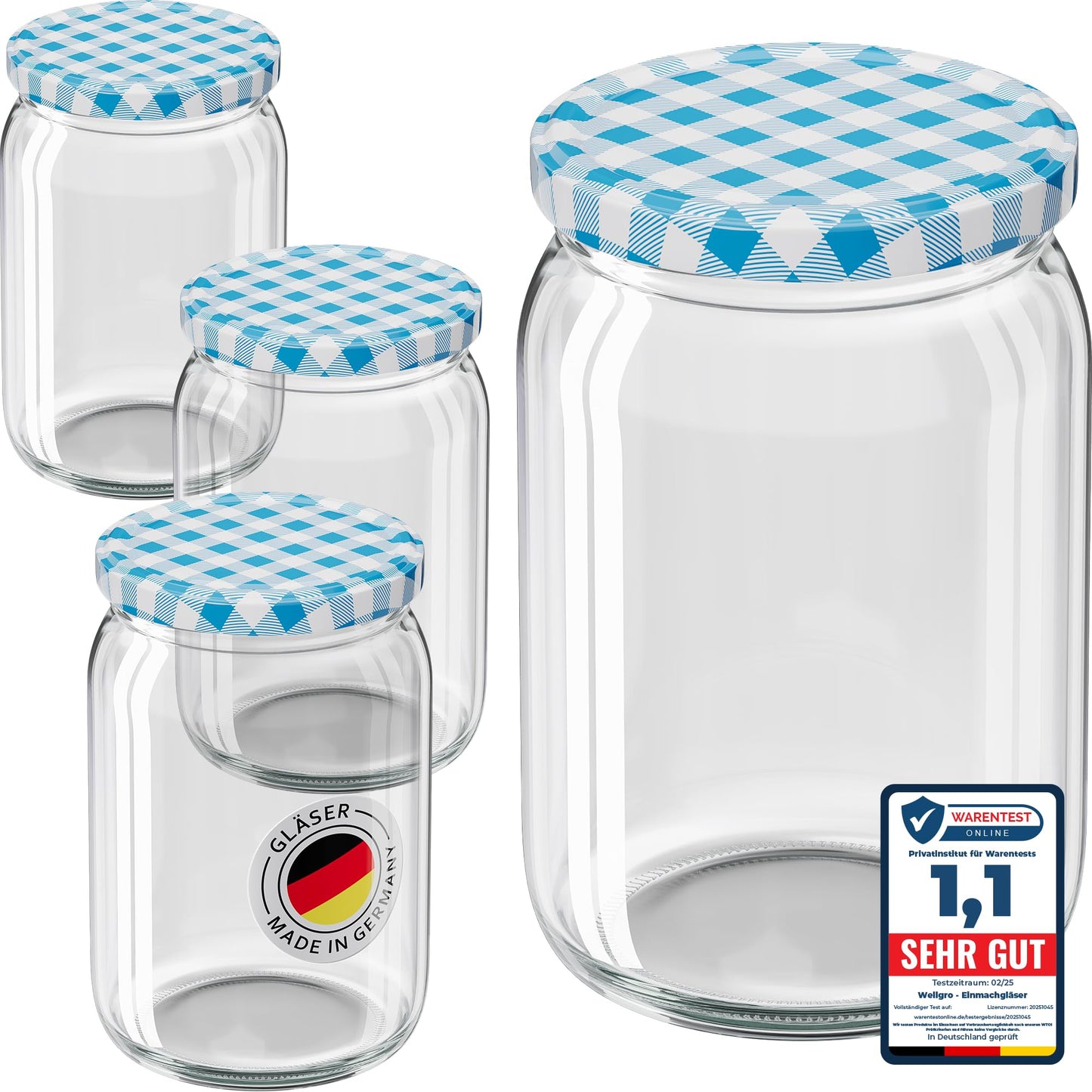 Einmachgläser mit Schraubdeckel (50 Stück, 550 ml), Blau Kariert 550 ml 50