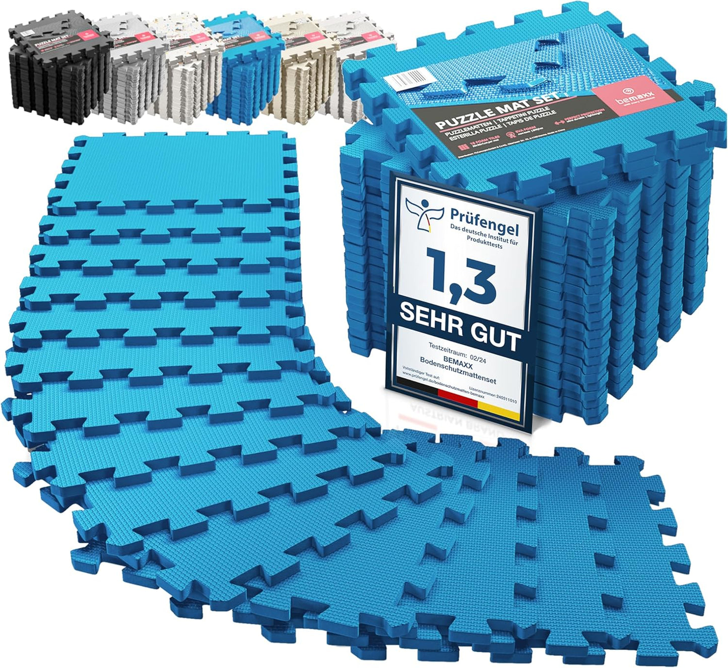 18-teiliges Schutzmatten-Set für Sport und Fitness, Azur | 18 Matten | 1,67 M², 32L x 32B x 1D cm