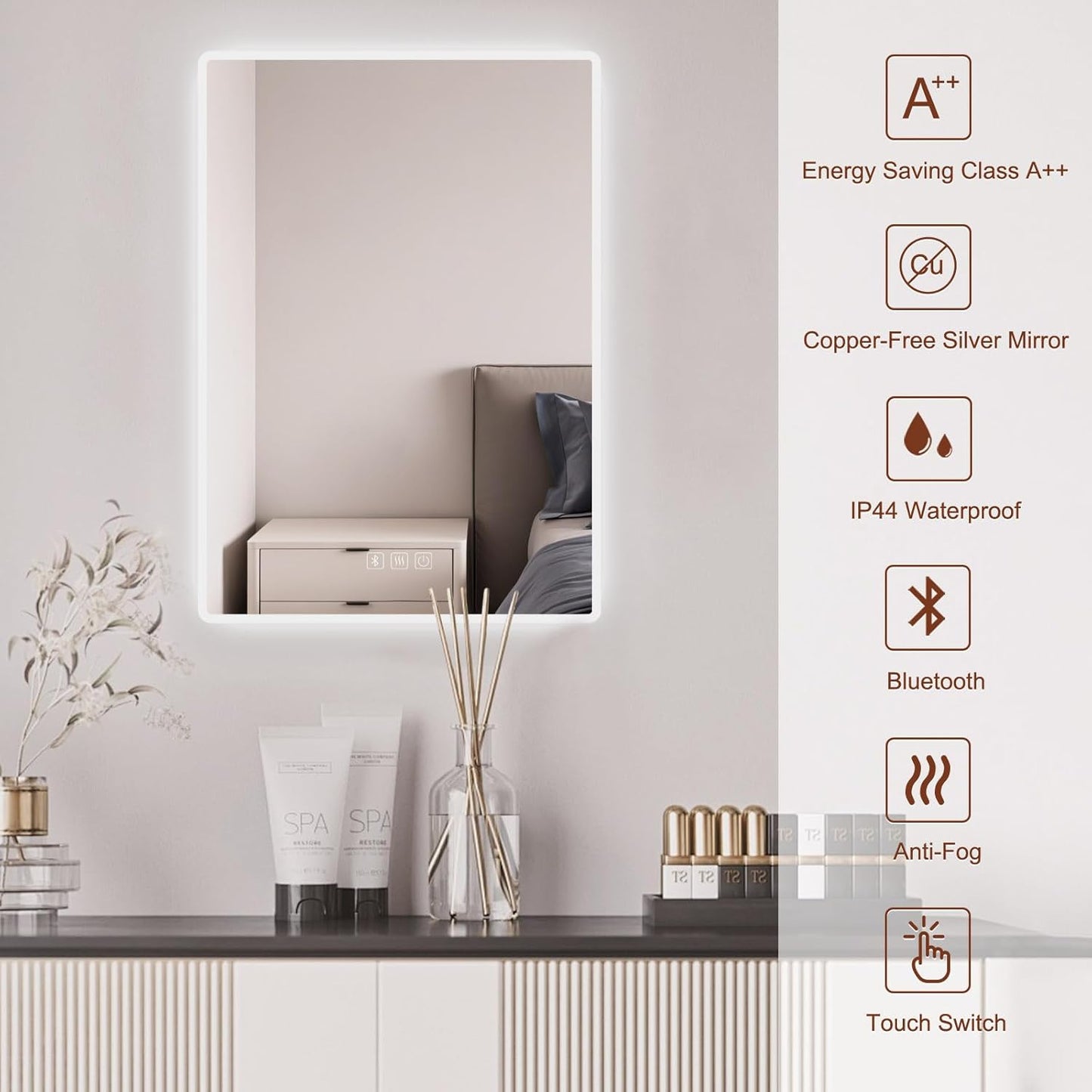 LED-Badspiegel mit Bluetooth und Antibeschlag-Funktion, 70L x 50B cm, Mattierter Abgerundeter Winkel - mit Bluetooth