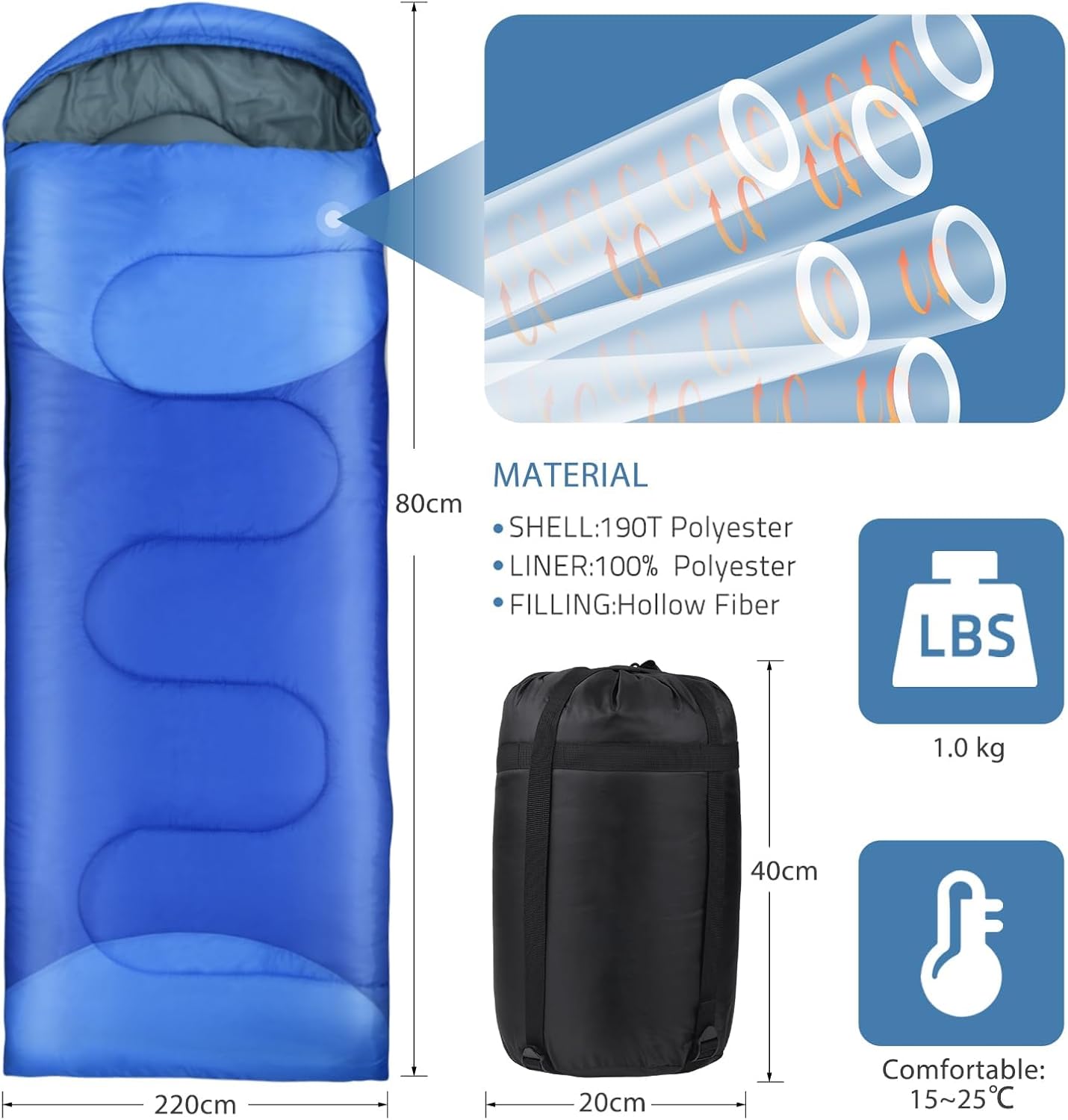 3-Jahreszeiten Deckenschlafsack für Camping, Blau. L